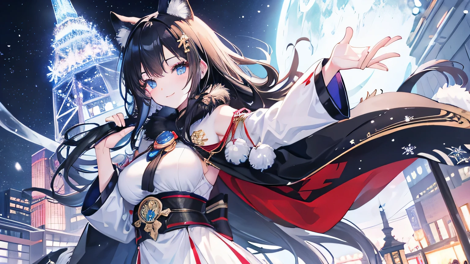 Create a widescreen image featuring a winter-themed anime girl. she has been for a long time, He has black hair and is decorated with star decorations.. in the background, Tokyo Tower can be clearly seen, Adding to the urban winter atmosphere. The scene is night, And she's wearing a star-patterned fur-trimmed cape, Illuminated by the soft light of the surrounding street lamps. she has a warm smile、I'm graciously extending my hand, Snowflakes fall gently around her, Enhance her magical and fantastic presence.