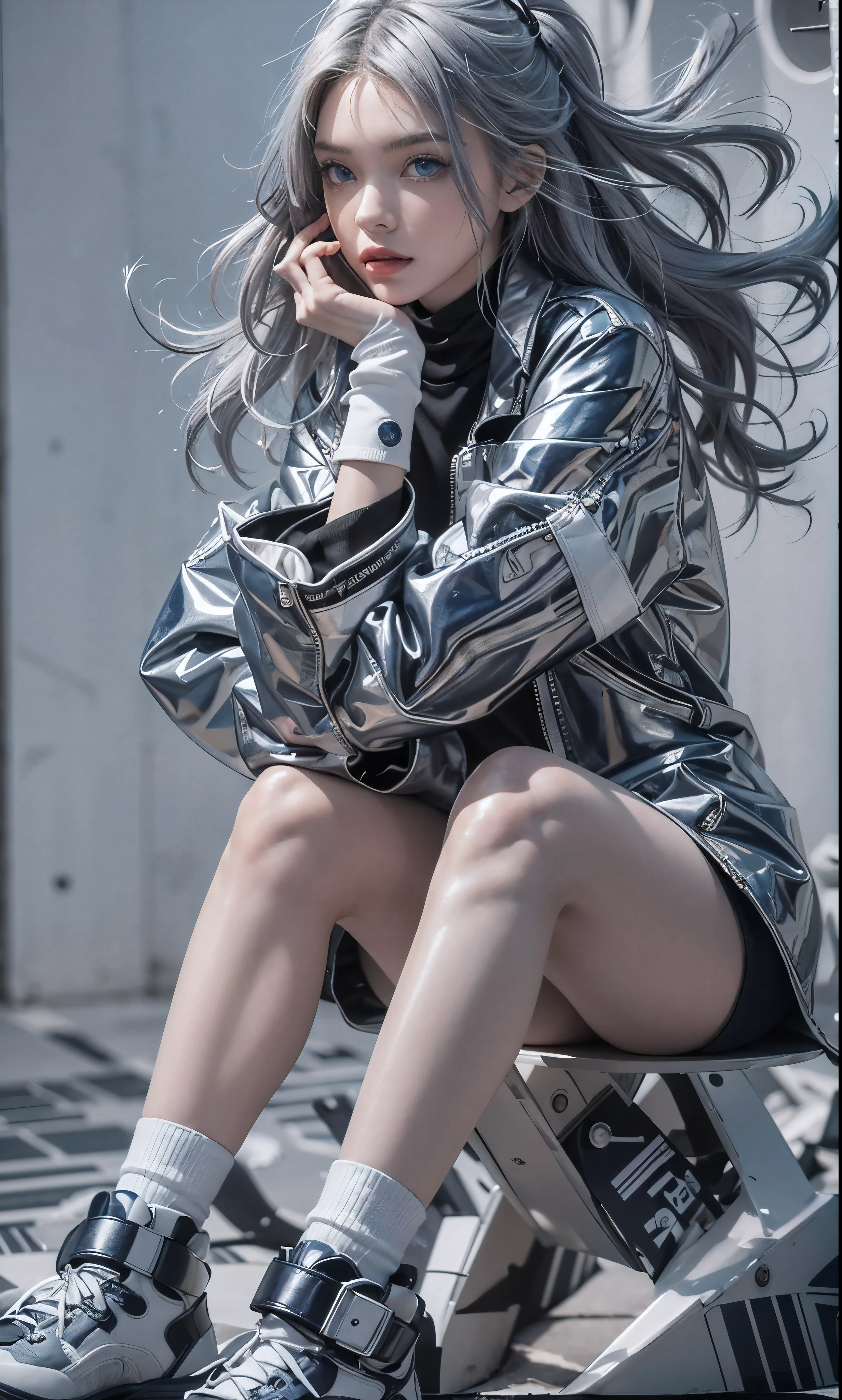 fashion brand collection, highly detailed, beautiful, masterpiece, best quality, Geometric style, abstract beauty,1 girl, 150cm, Full-body muscle, (all body shot, sitting and posing:1.3), dynamic pose, approaching perfection, digital painting, artstation, (concept art:1.3), illustration, white and black colors, Geometric patterns, abstract forms, Complex, surreal, BREAK latex, Glossy, Liquid, rubber, (casual fashion and Cyber taste fashion), Coexistence of baggy and Tight wear, baggy sleeve, Scattered geometry, Face mask, Sports cap, (long length muffler), (striped Socks with zettai ryoiki), boots taste Sneaker, Artistic complicated background, (gray hair, blue eyes, white lightning:1.3),