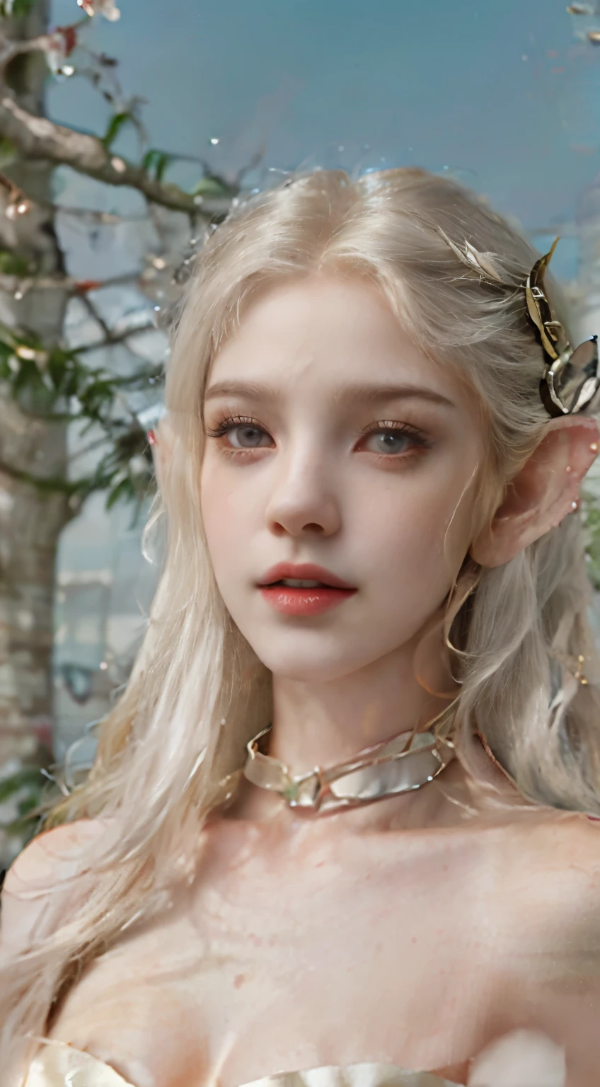 a woman, long white hair, long ears, elf, elf princess, beautiful face, beautiful body, sexy big breasts, wearing a thin white dress, cute face, thin lips, sharp nose, blue eyes