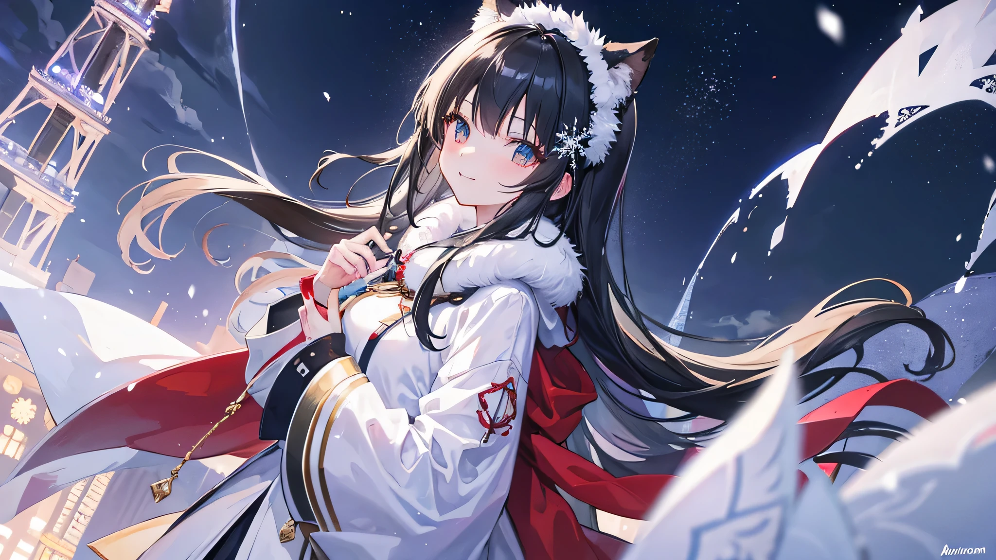 Create a widescreen image featuring a winter-themed anime girl. she has been for a long time, He has black hair and is decorated with star decorations.. in the background, Tokyo Tower can be clearly seen, Adding to the urban winter atmosphere. The scene is night, And she&#39;s wearing a star-patterned fur-trimmed cape, Illuminated by the soft light of the surrounding street lamps. she has a warm smile、I&#39;m graciously extending my hand, Snowflakes fall gently around her, Enhance her magical and fantastic presence.