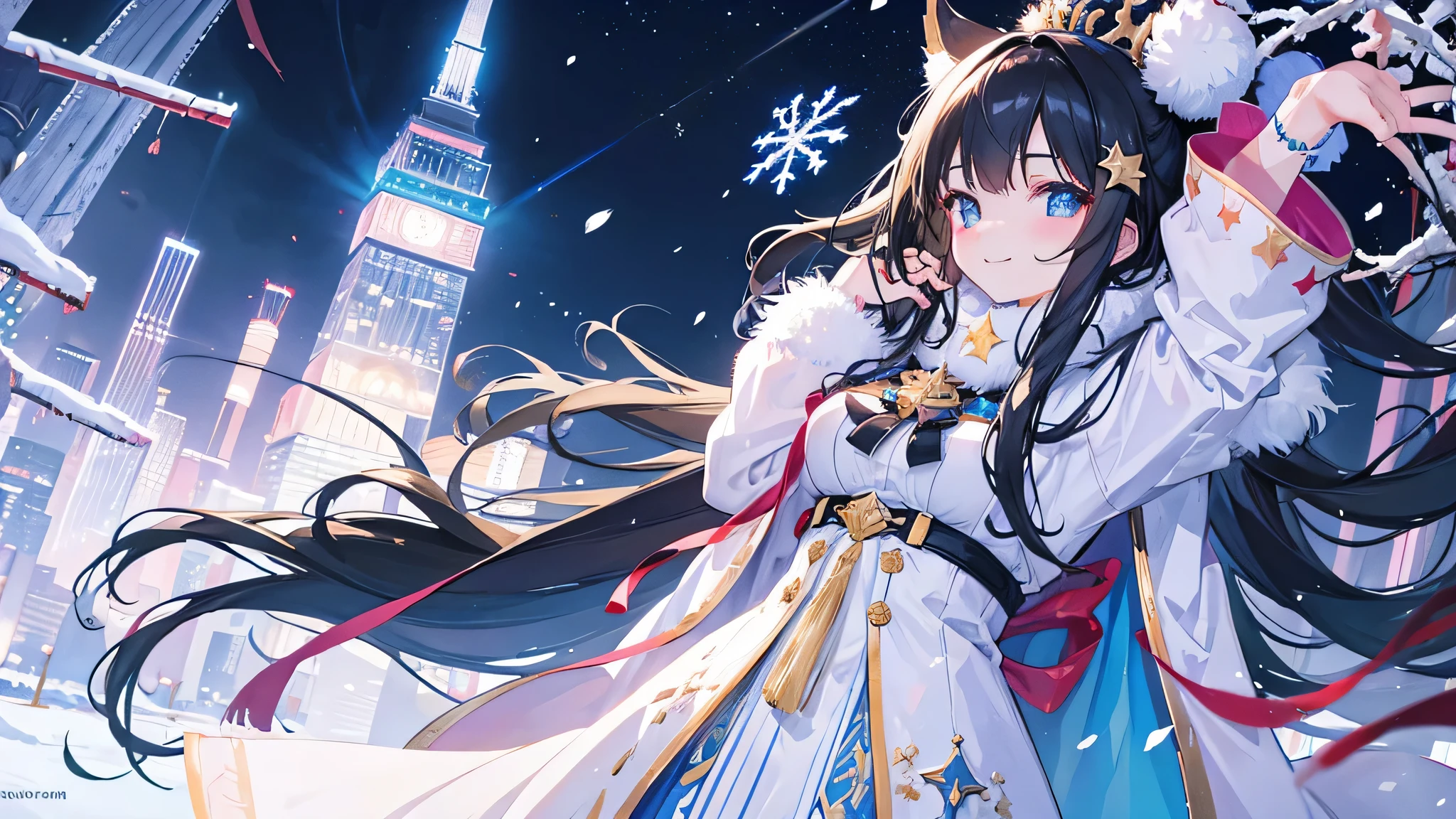 Create a widescreen image featuring a winter-themed anime girl. she has been for a long time, He has black hair and is decorated with star decorations.. in the background, Tokyo Tower can be clearly seen, Adding to the urban winter atmosphere. The scene is night, And she's wearing a star-patterned fur-trimmed cape, Illuminated by the soft light of the surrounding street lamps. she has a warm smile、I'm graciously extending my hand, Snowflakes fall gently around her, Enhance her magical and fantastic presence.