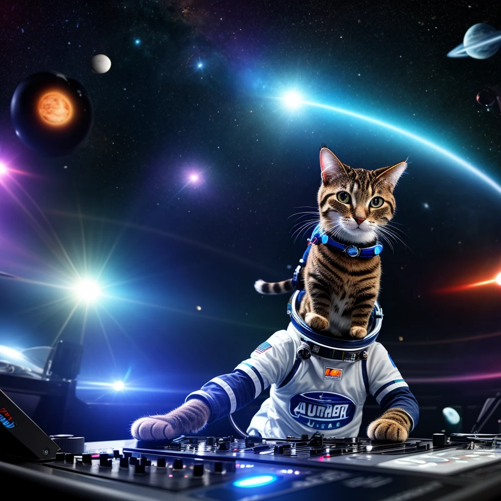 hyper realistic cat wearing astronout suit, playing dj music, 1 hand up,renderizado ....3d fofa, renderizado ..3D estilizado, Q version, ..3D rendering 8K character art, Digital painting nice, ......3d, Super detailed rendering night club background
