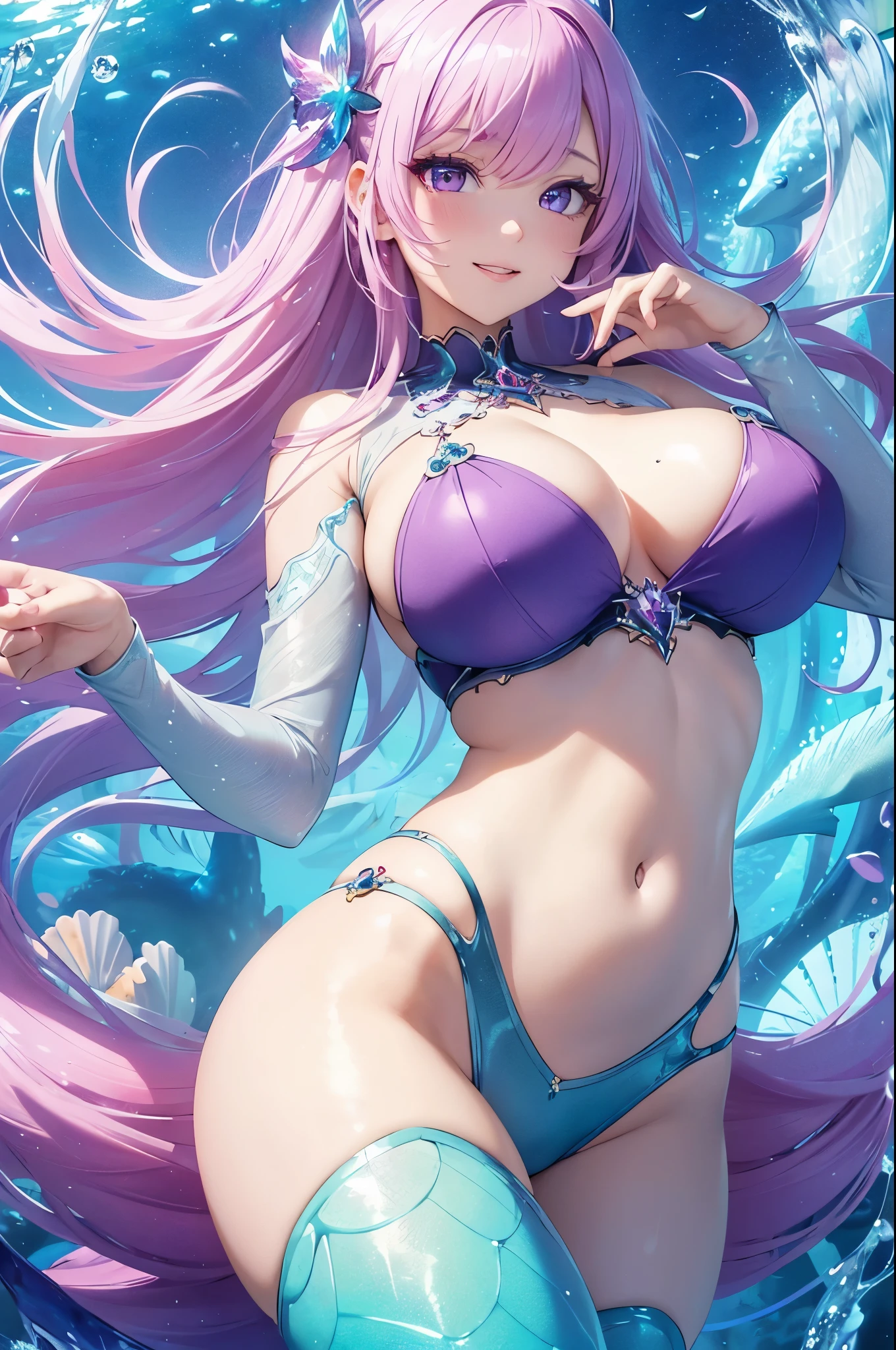 1girl (masterpiece, round_iris, extremely crisp crystalline shiny purple eyes, perfect_anatomy, extremely_captivating_hypnotic_mystic_eyes,) perfect face, long pastel pink hair, smiling evil, big breasts, mermaid, under the sea, bright colors, fish, corals, dynamic pose, best quality, 4k