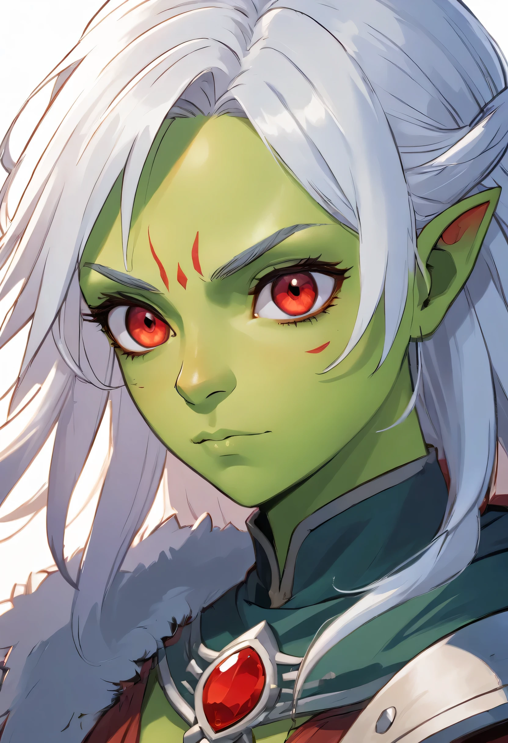 Meio orc, pele verde, Female, fechar o retrato, olhar de fantasia, Personagem de RPG, fantasia medieval, cabelo branco, olhos vermelhos, 1.90 altura, Muscolar
