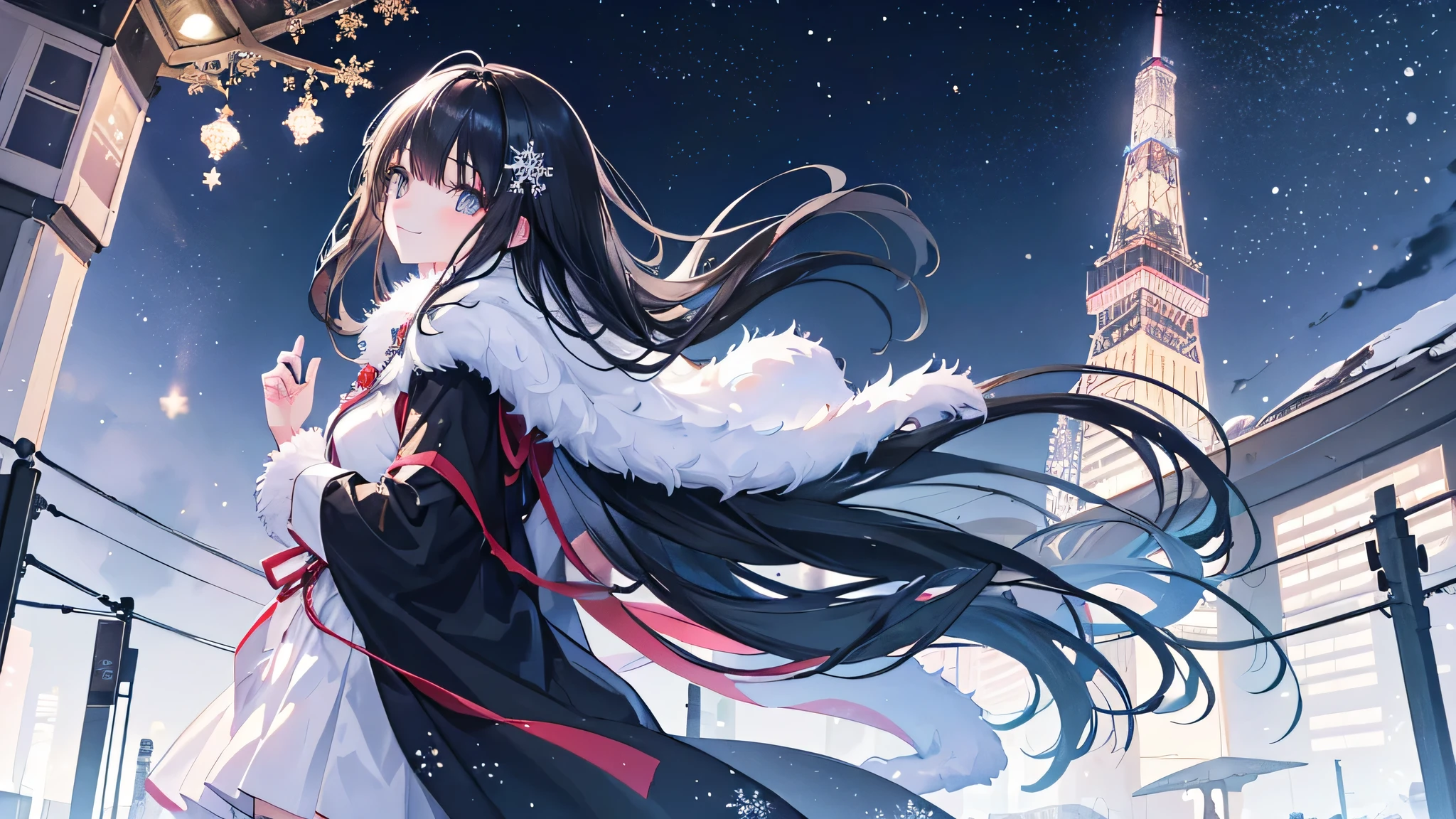 Create a widescreen image featuring a winter-themed anime girl. she has been for a long time, He has black hair and is decorated with star decorations.. in the background, Tokyo Tower can be clearly seen, Adding to the urban winter atmosphere. The scene is night, And she&#39;s wearing a star-patterned fur-trimmed cape, Illuminated by the soft light of the surrounding street lamps. she has a warm smile、I&#39;m graciously extending my hand, Snowflakes fall gently around her, Enhance her magical and fantastic presence.