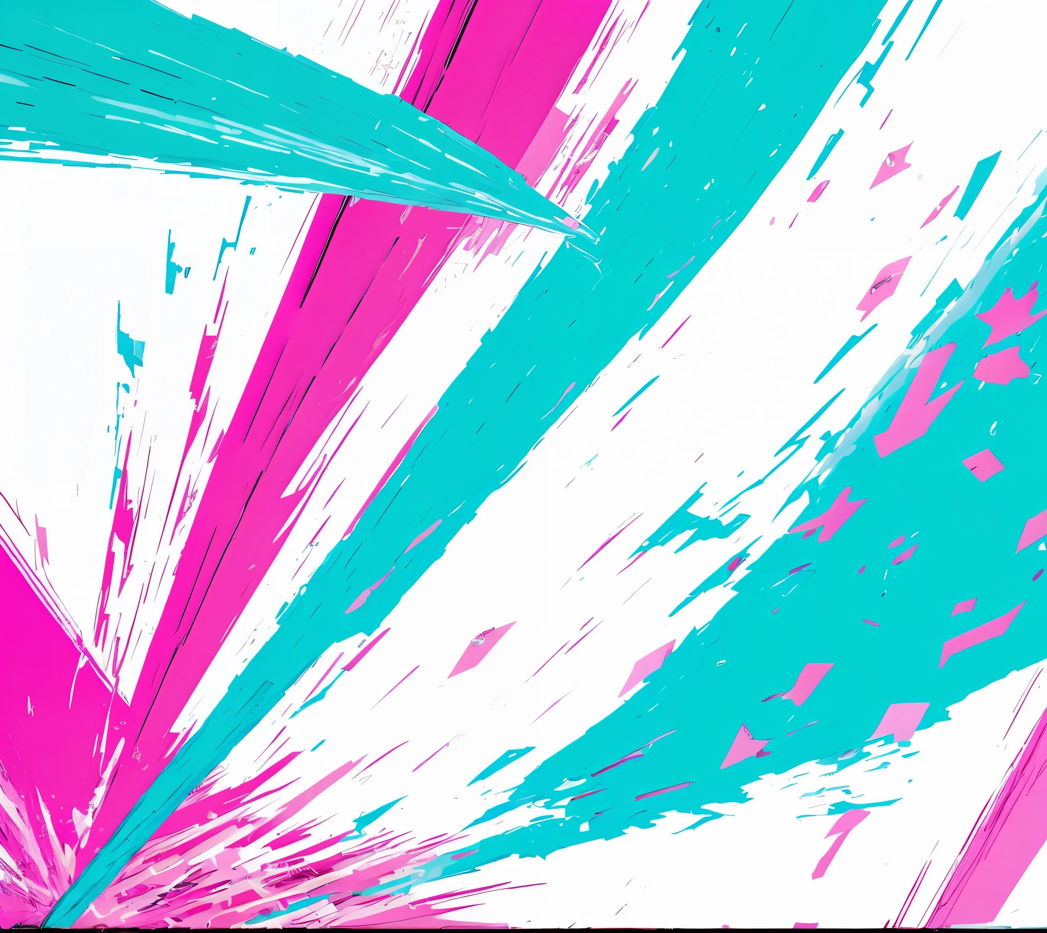 masterpiece, perfect art, in the colors hot pink and cyan, anime abstract art, with glitch and scribble effects, vivid color.digital 2d, graphic glitches, blue and pink colour splash, explosion of data fragments, digital art. colorful comic, noisy and glitched, abstract art representing data, splash