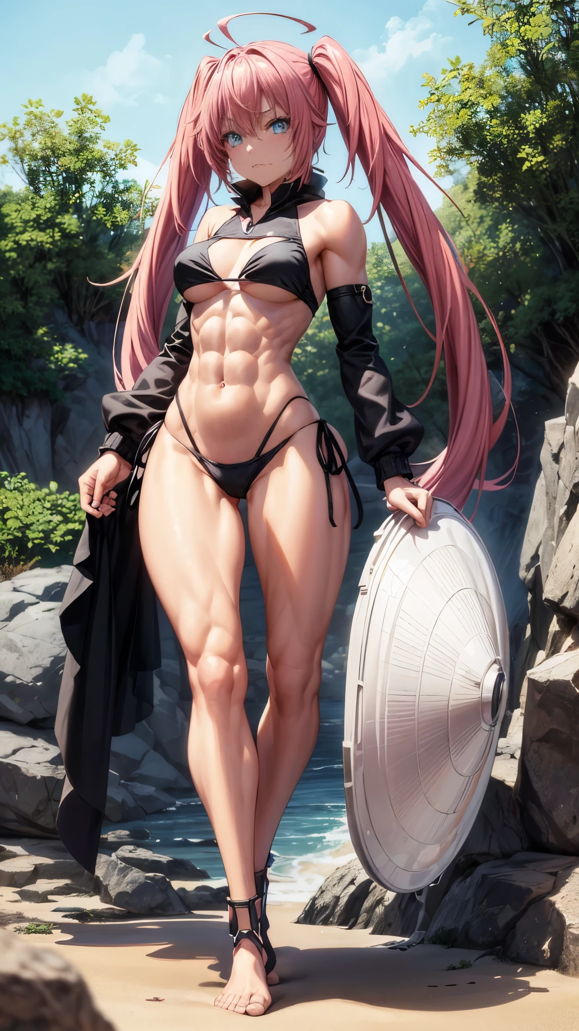1 girl, (medium breasts))), (((wearing short bikini))), (long pink hair), (((blue eyes))), Thin arms, (on the beach in the hot sun), (thin waist) , (((muscular legs))), muscular belly, wearing a black high heel shoe, (((full body photo))), standing, (twintails), long eyes, Eye reflex, bad mood, anime, anime style, ray tracing, Reflection, drop shadow, Sony FE, 8k, UDisk, artwork, accurate, anatomically correct, super detail, best quality, ultra-high resolution, hard drive, 16k