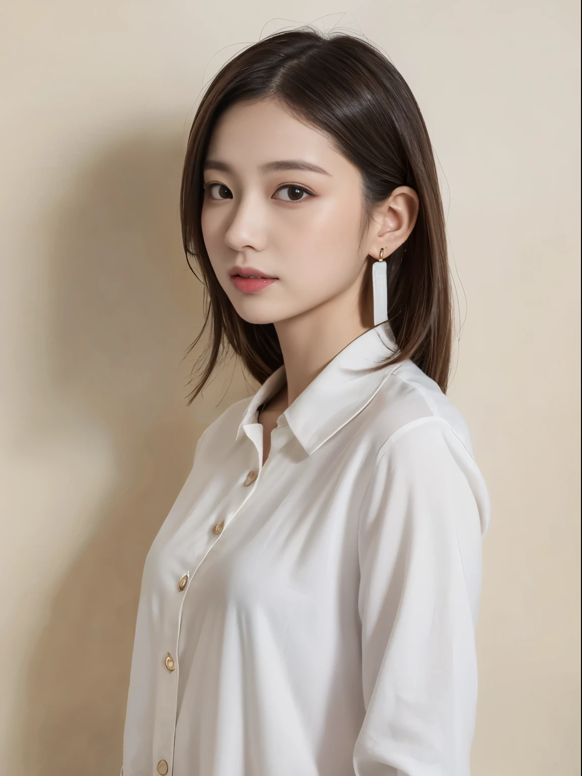 highest quality、masterpiece、High resolution、1 girl、solo、RAW photo、real person、fine skin、white room、studio photography、just the wall、白いjust the wall、full body photo、Japanese、medium hair、full body photo、earrings、Wearing a shirt with buttons、modeled、look at camera