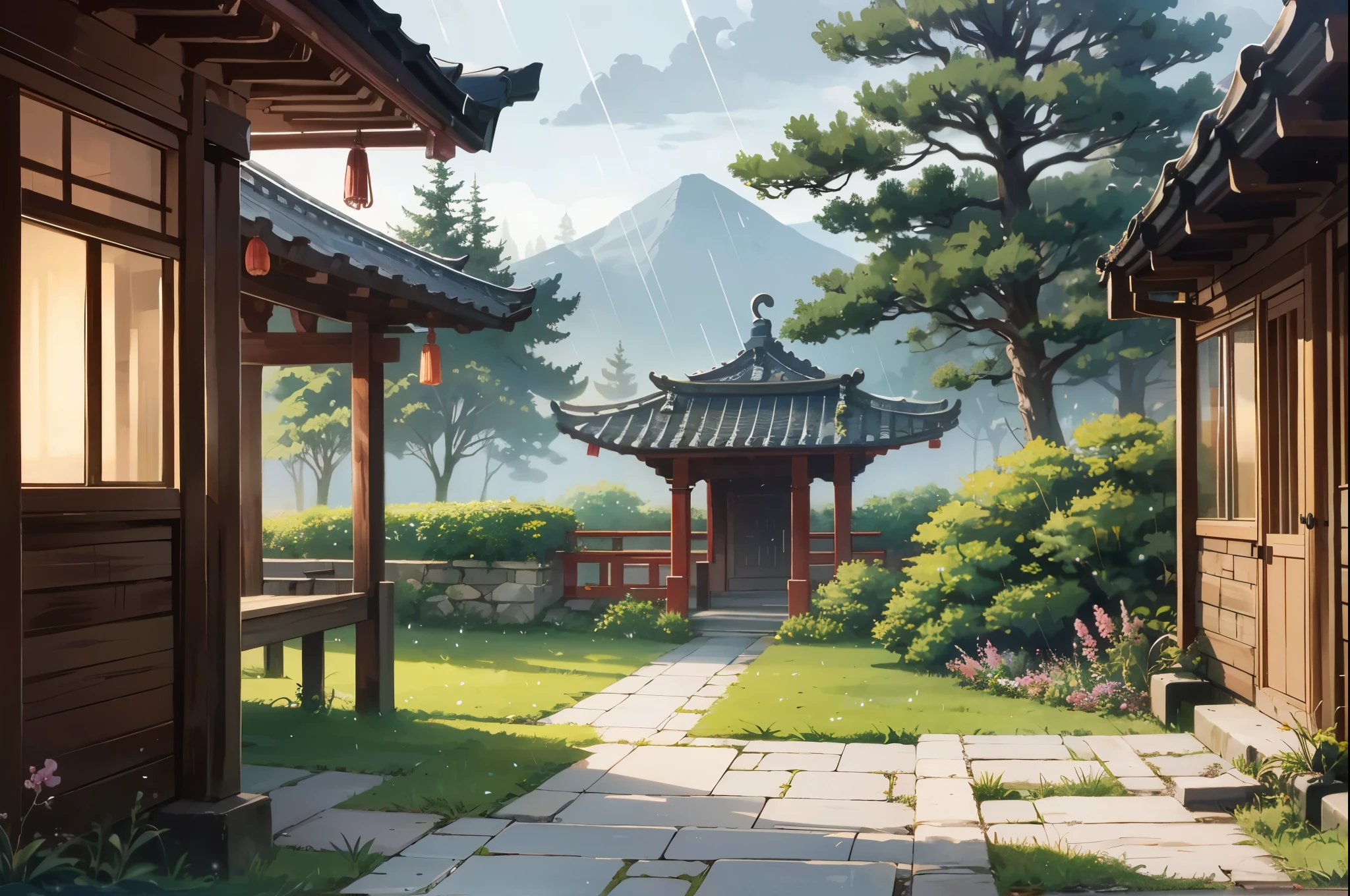 Painting of a whimsical wuxia palace, small colorful cherry blossoms, Sunkissed lighting, rainy day, beautiful art uhd 8k, a beautiful artwork illustration, beautiful digital painting, highly detailed digital painting, beautiful digital artwork, a detailed painting 8k, rich picturesque colors, gorgeous digital painting