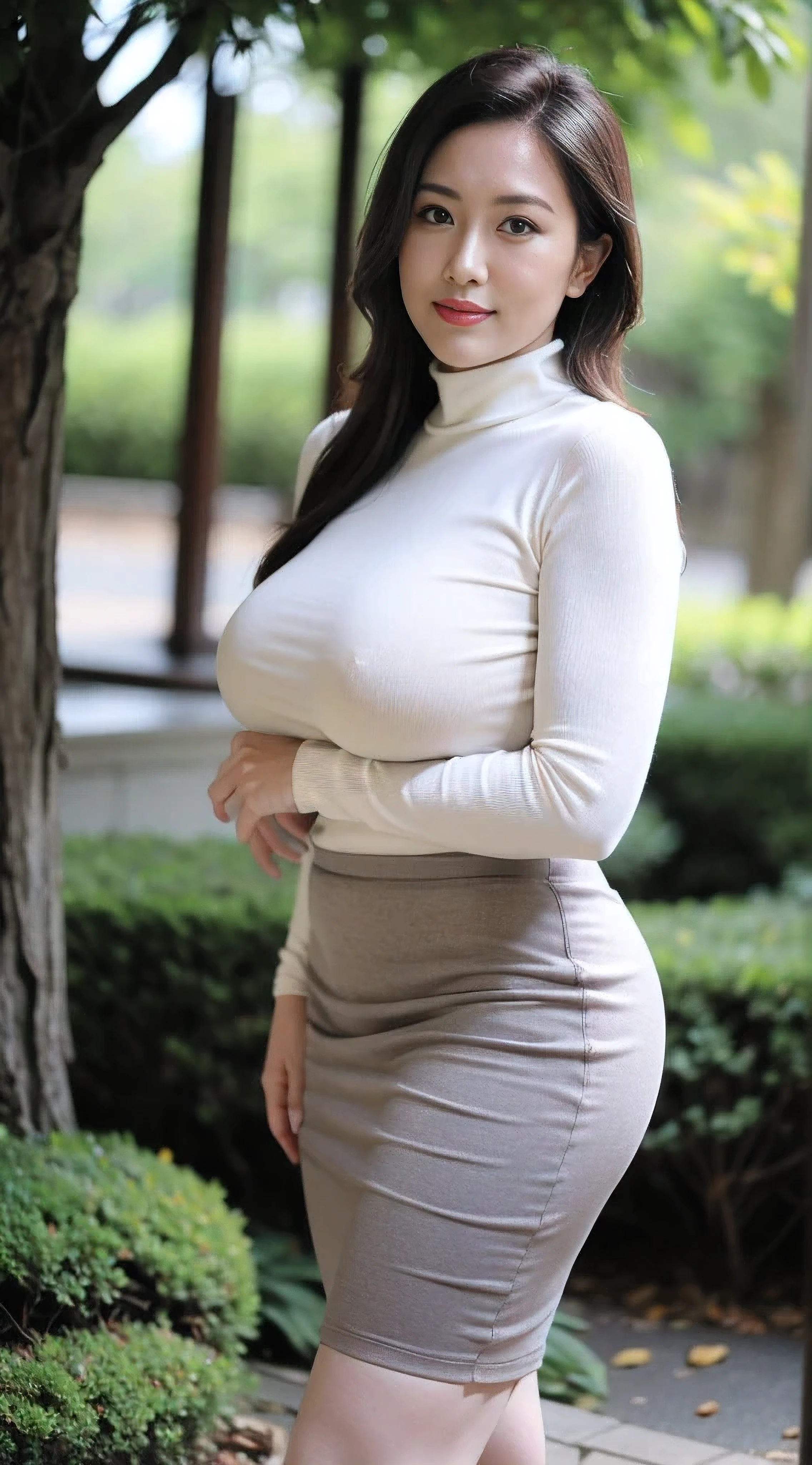 standing photo，Greasy suspender pantyhose，an asian japanese woman，65 years old，big eyes，Elegant temperament Elegant temperament，Huge big breasts，Huge big breasts下垂，Huge big breasts下垂(masterpiece:1.2, best quality), actual, (real picture,45 years old， intricate details, depth of field，High neck clothes), awas, The content is very detailed, It's a perfect face, Perfect body, large model, mature woman, High, Leg length, Greasy suspender pantyhose，pause black，Beige tight knitted skirt，High heel，nature backdrop，Bokeh，long eyelashes,dark eye shadow，Apply lipstick，Face with heavy makeup，Very detailed,