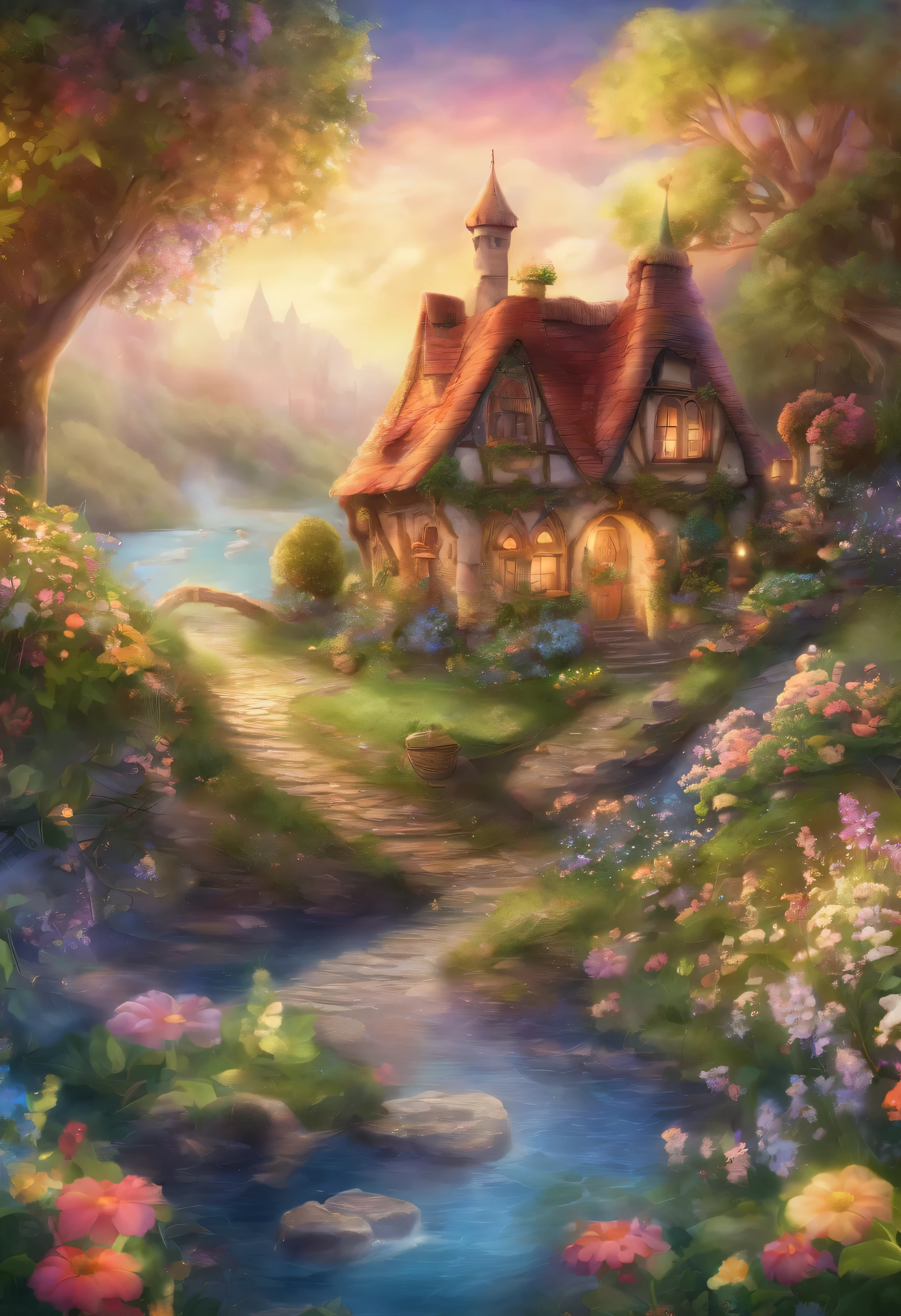 Abbildung Ihres Namens, 8k picture quality, beautiful landscape background, Fluss, Blumenbeet, Medieval hut