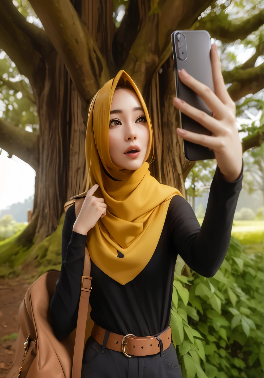 woman taking a selfie with her cell phone in front of a tree, 8k selfie photograph, she is holding a smartphone, portrait shot, selfie of a young woman, smartphone photo, selfie photography, smartphone photography, dilraba dilmurat, realism art, foto realistic, with a tall tree, photography photorealistic, [ realistic photography ], taking a selfie, realistic scene
