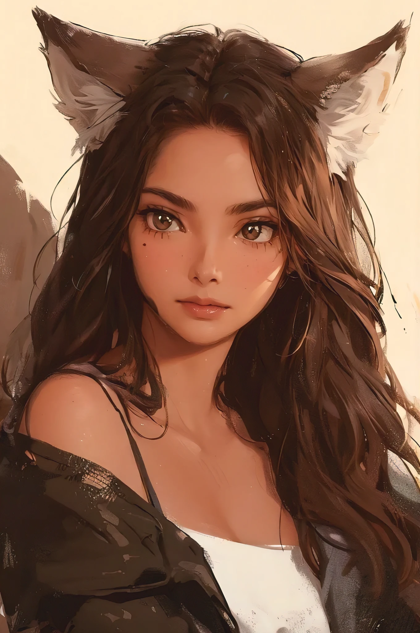 young woman, sun kissed skin, random hair, round face, wolf ears and tail, honey brown eyes, beauty marks, detailed background, bold lines, character art