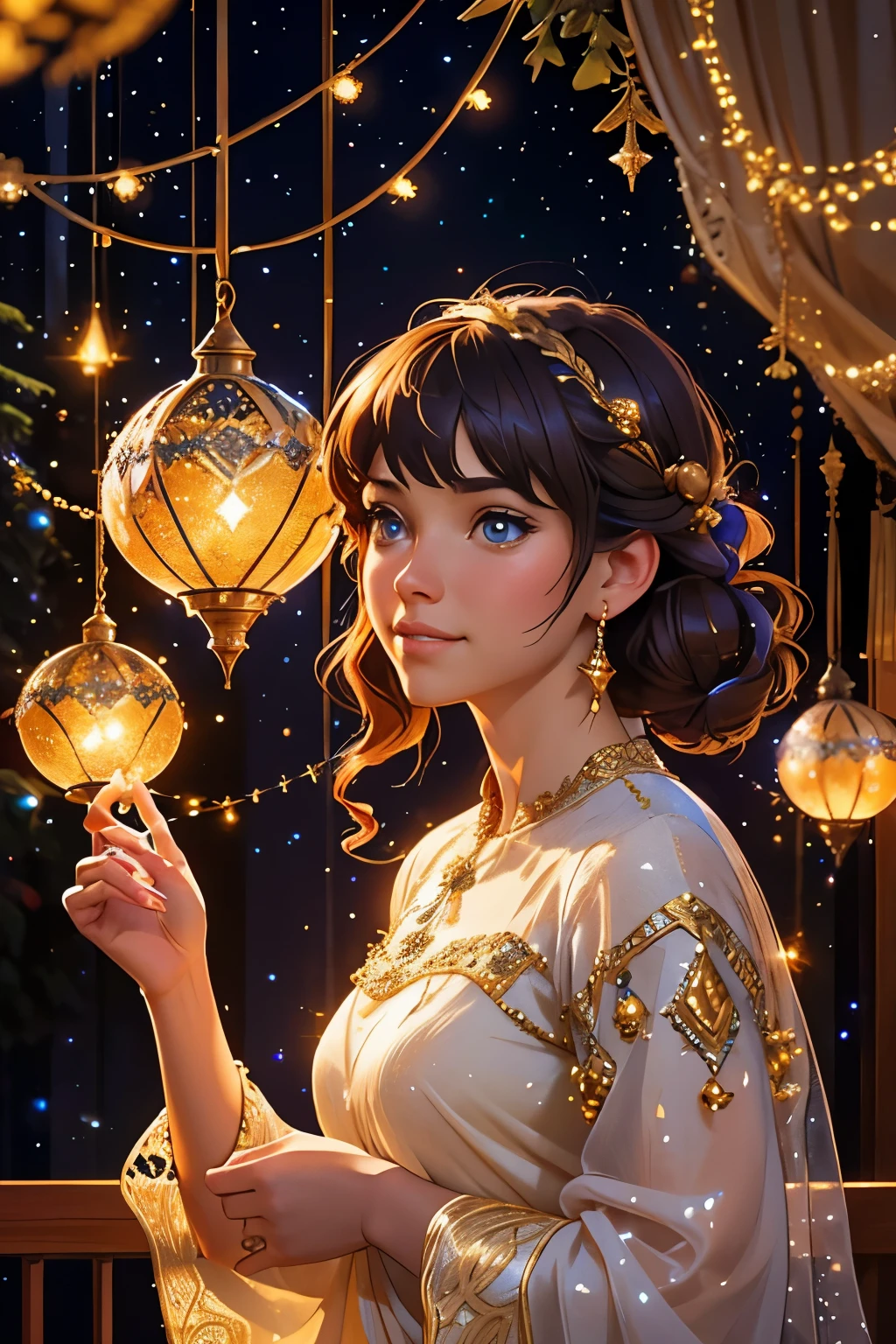 a wooden background with twinkling, glowing lights, fairy lights, ethereal lights, emitting light ornaments, intricate elegant, stippled lighting, dazzling lights, string lights, ethereal lights, glowing lights!! highly detailed, golden fireflies lights, beaded curtains, bokeh lights, jewelry lighting, dazzling dappled lighting, fine stippled lighting, laser lights background, christmas party, realistic painting, by tyler edlin and lawrence alma-tadema and leonid afremov, (long shot), clear blue sky, intricate details, 4k