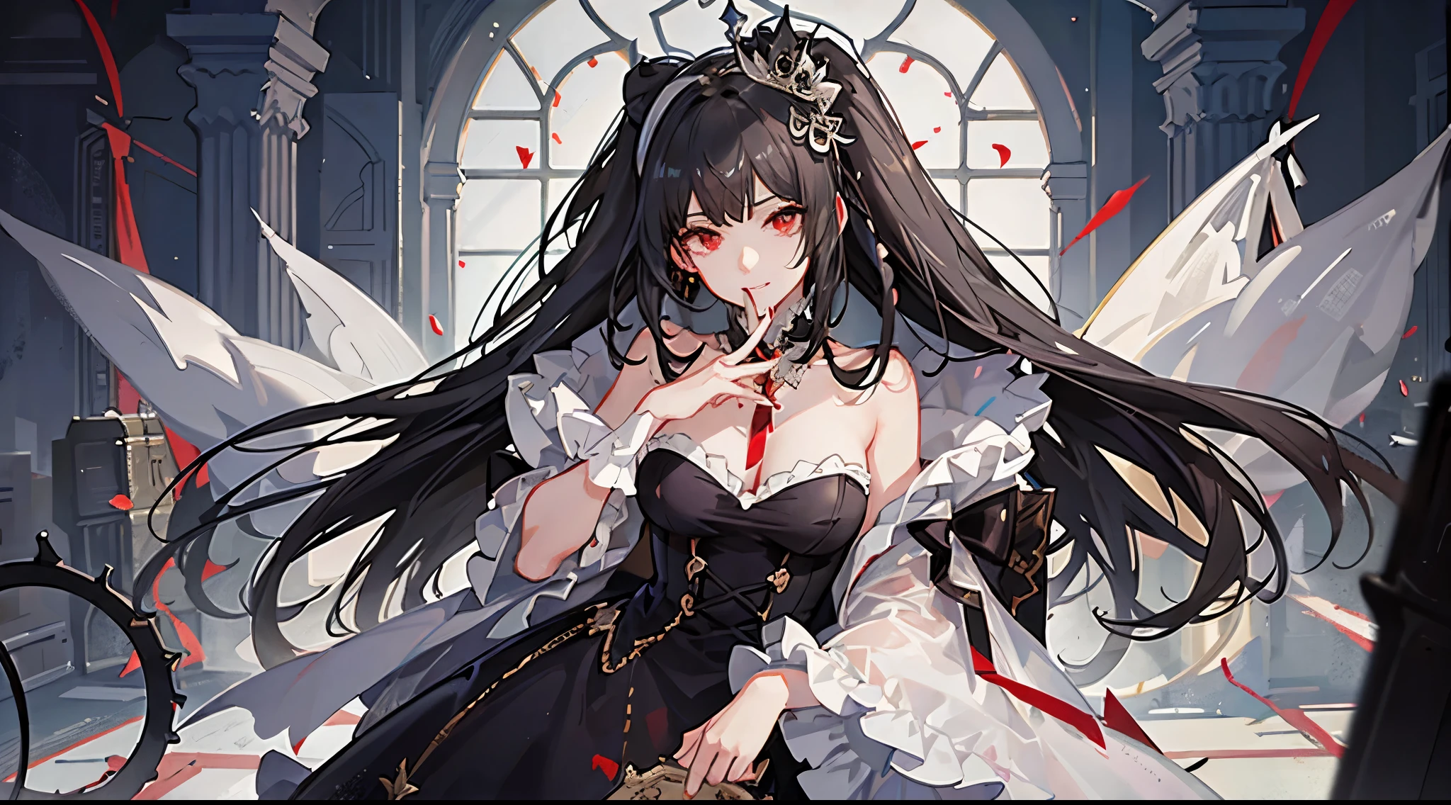 1girl, many people, black hair, white dress, bloodstained dress, vampire, (palace), (a high - society party), in the palace, in the middle of the palace, in a spacious room, (warm light:0.2), masterpiece, (beautiful luminance:0.8), scared audience, drinking blood from man in suit, guards, (detalier:1.4), darkener:0.1, anime style