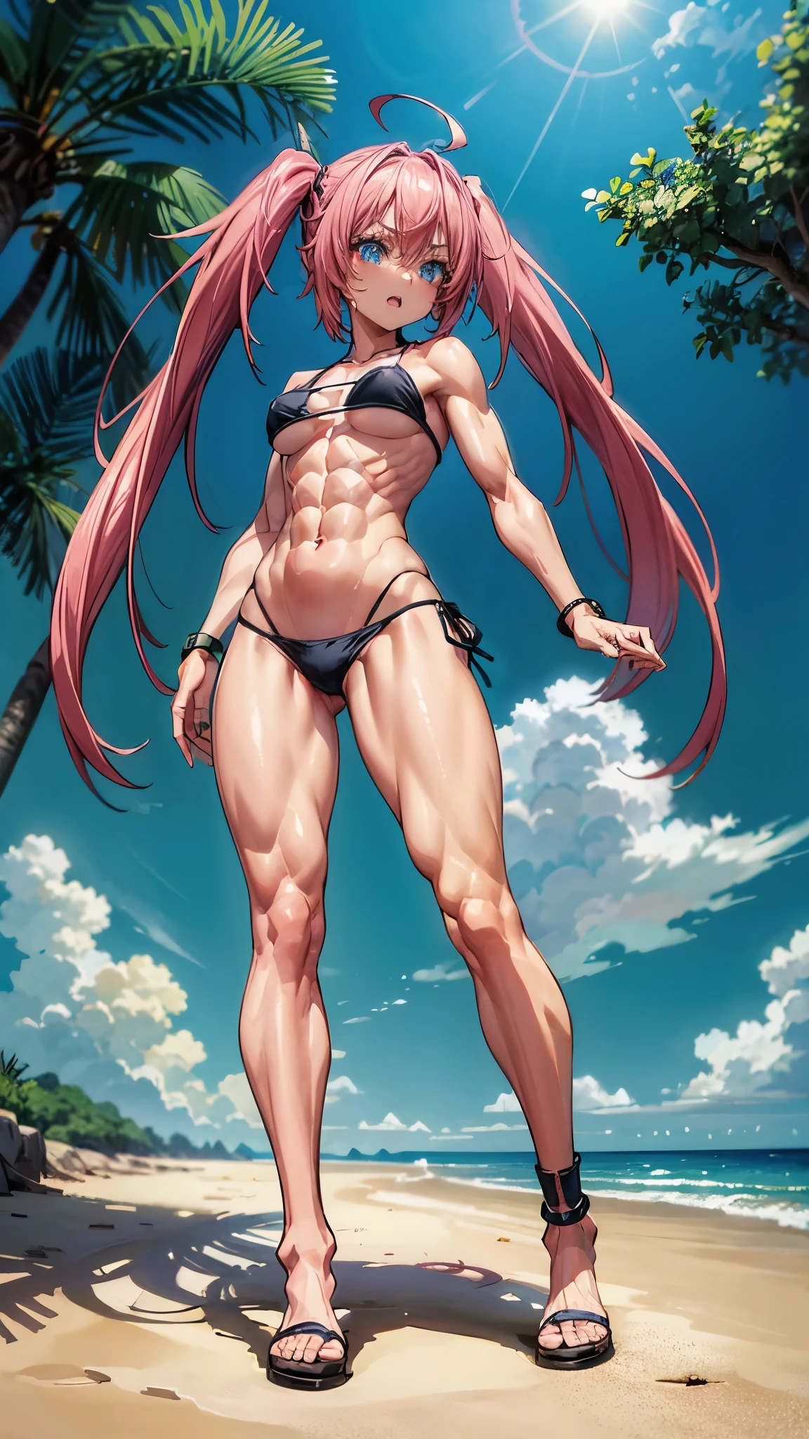 1 girl, (medium breasts))), (((wearing short bikini))), (long pink hair), (((blue eyes))), Thin arms, (on the beach in the hot sun), (thin waist) , (((muscular legs))), muscular belly, wearing a black high heel shoe, (((full body photo))), standing, (twintails), long eyes, Eye reflex, bad mood, anime, anime style, ray tracing, Reflection, drop shadow, Sony FE, 8k, UDisk, artwork, accurate, anatomically correct, super detail, best quality, ultra-high resolution, hard drive, 16k