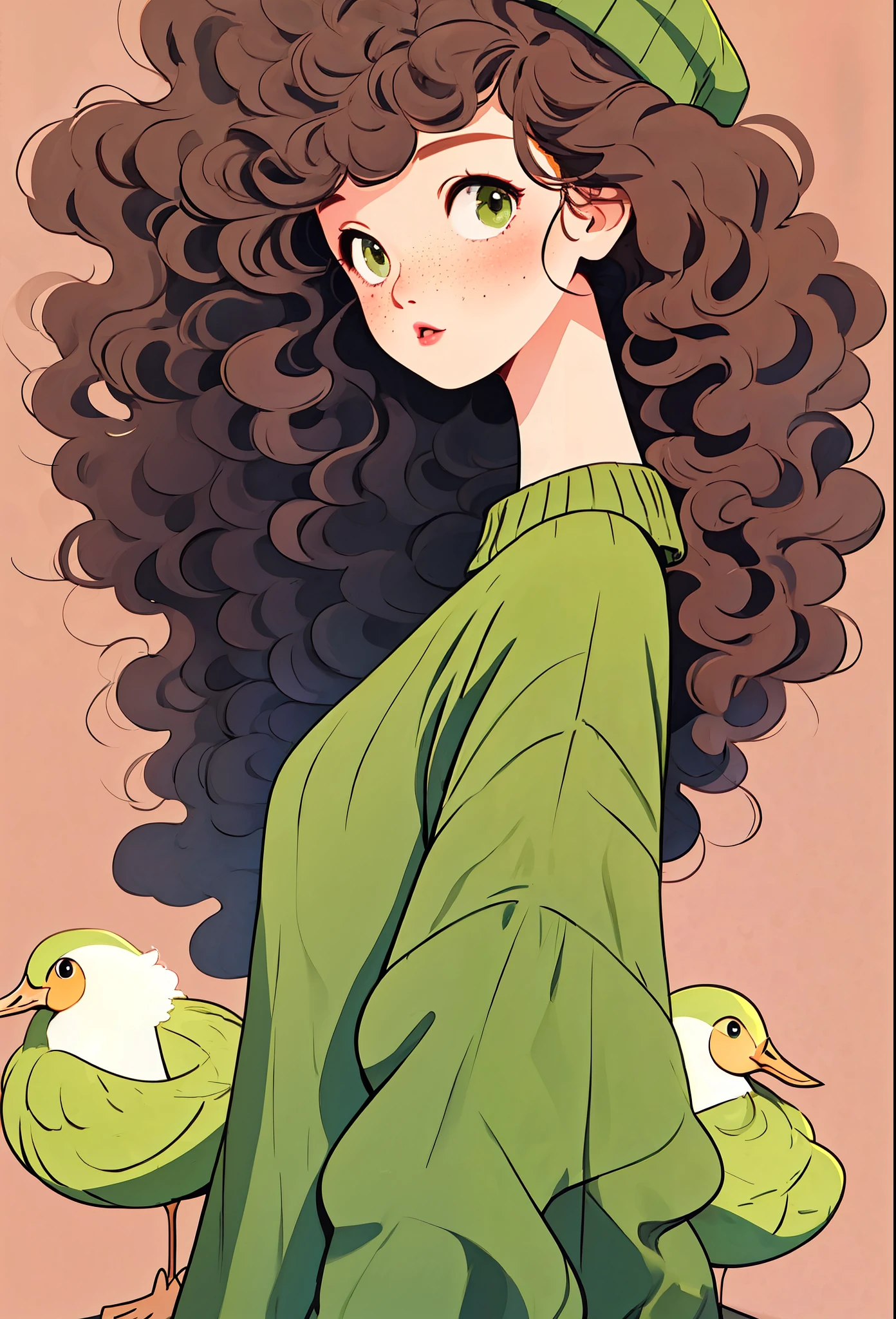 (best quality,4K,8k,high resolution,masterpiece:1.2),Super detailed,(actual,photoactual,photo-actual:1.37),unique style,Lovely girl sitting,long neck,Big head,Exaggerated hair,fluffy hair,small freckles,exaggerated expression,Surrealism,Duck egg green polka dot sweater,detail,horsehair,fluffy,sock,clean background,hand drawn style,pencil drawing,Lovely,smooth lines,Clean silhouette,clean composition