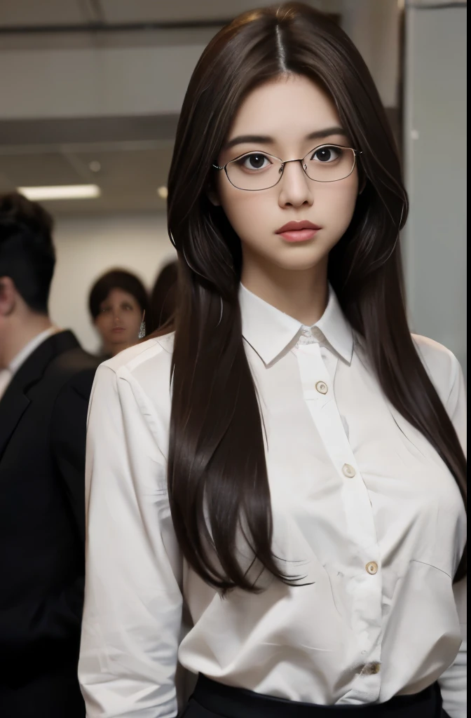 woman, brown hair, brown eyes, Body shape, long hair, Broken hair in the middle, straight hair, in a suit, At the office, office attire, detailed body, fine eyes, master part, 最high quality, high quality, Raw Camera, realistic, real person, Korean, wearing glasses