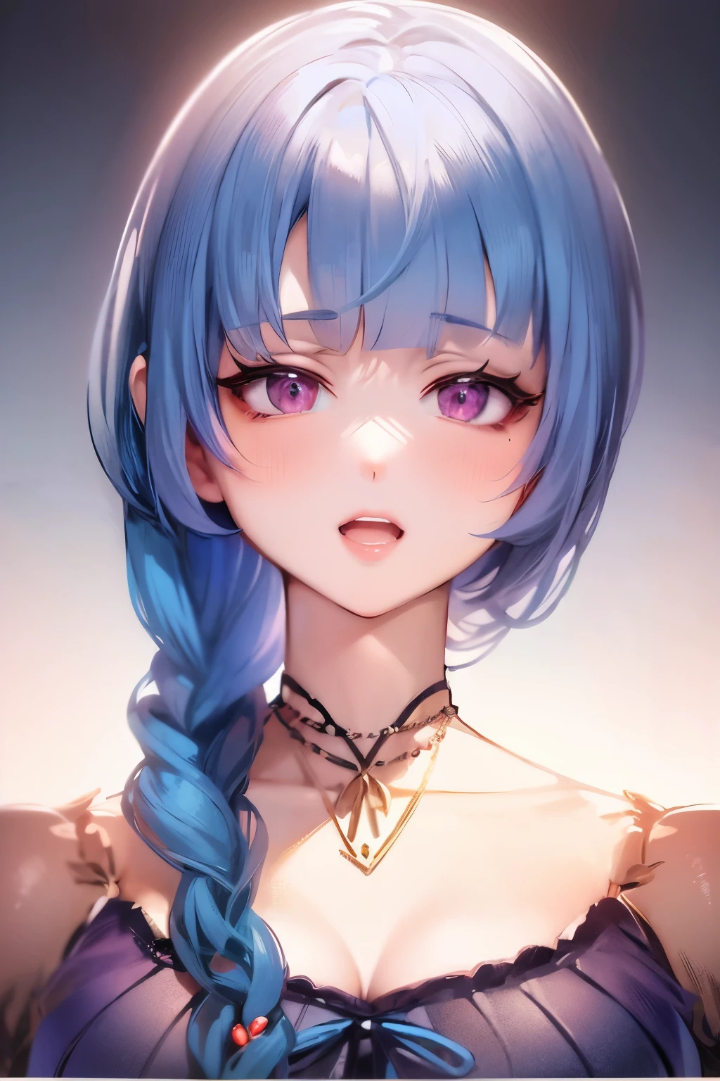 Anime girl with blue hair and purple eyes with a necklace, sayori, Ahegao face, anime moe art style, short blue hair woman, April rendering, Ahegao, Anime portrait of Ringo Shiina, Smooth anime CG art, crisp clear rpg portrait, visual novel sprites, I deny that matter, anime female characters, anime girl portrait