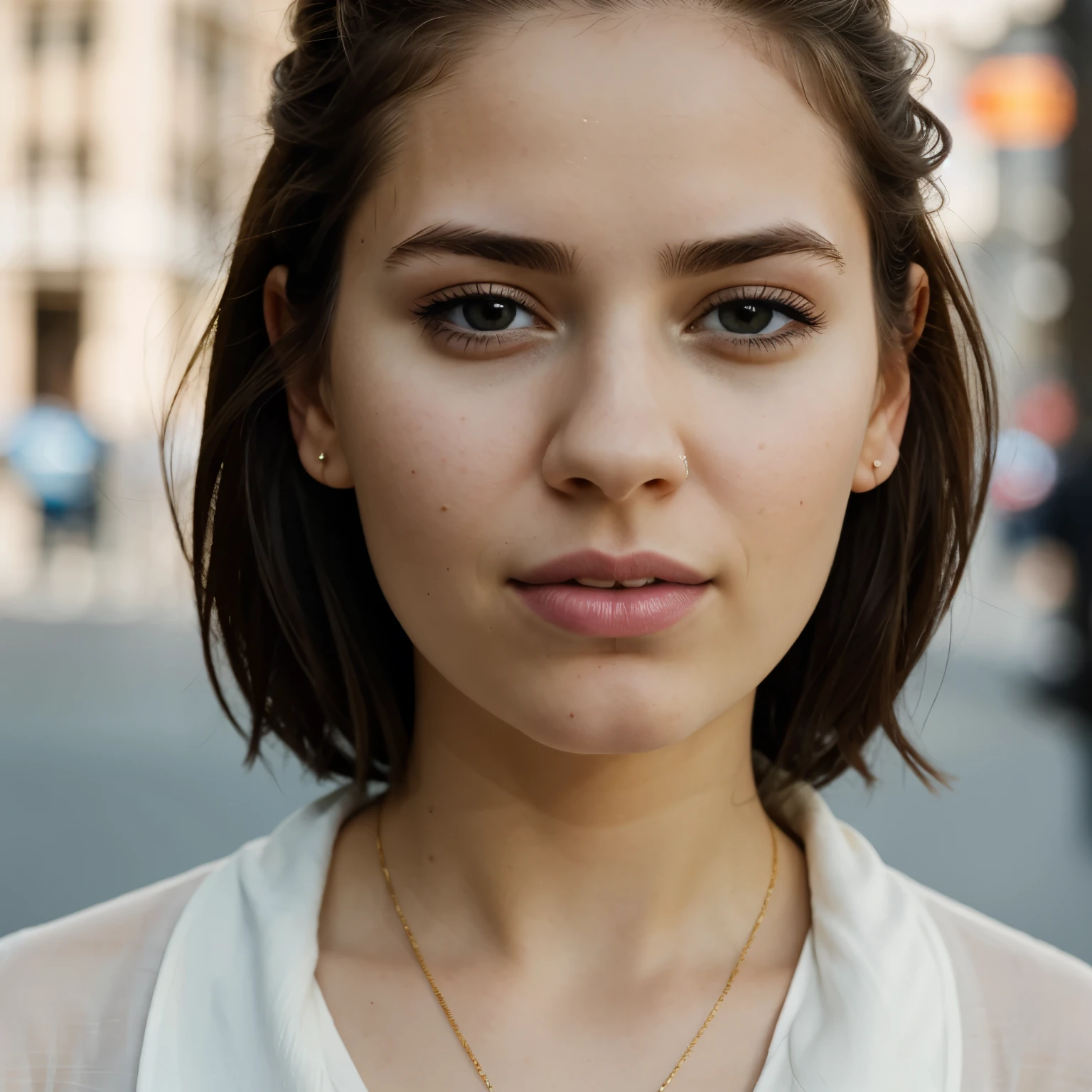 Portrait of a young woman with long shade hairstyle, ultra-detailed skin, lollipop between lips, surprised face, tongue visible in best quality, shot on a Leica M10-R camera for portrait photography, Daylight highlights the soft features of her face and the depth of her brown eyes, an image filled with mystery and subtle elegance. The background remains neutral and blurred to emphasize the exquisite details of her face and the sophistication of her image, the woman looking directly into the camera