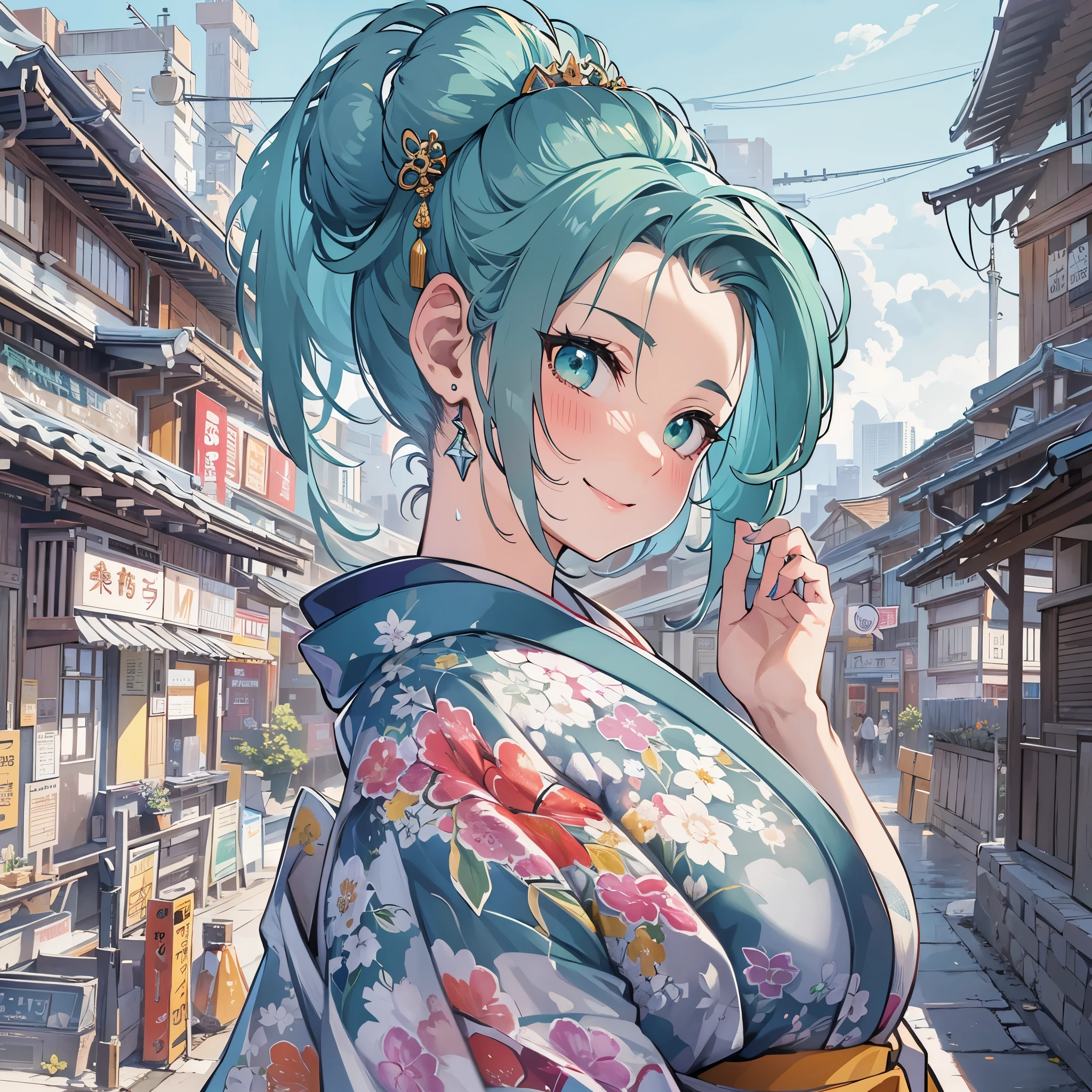 perfect anatomy, masterpiece:1.2, best quality, 8k, beautiful detailed grow, daydreaming expression, break, (solo:1.3 forehead:0.8 blue hair bun hair beauty woman, soft green eyes, bigboobs:1.5, sexy smile, in a beauty kimono, in the Kyoto cityscape.