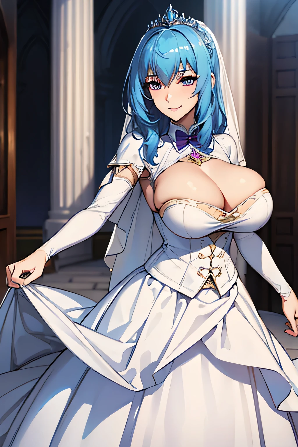 (highest quality:1.4), unreal engine,Are standing,white wedding dress,masterpiece, super resolution, very detailed, 1 female,big breasts, waist, thin, (muscular:0.8) blue hair,purple eyes , (cleavage,: 0.8) round chest, big breasts, (smile:1.1),in the bedroom