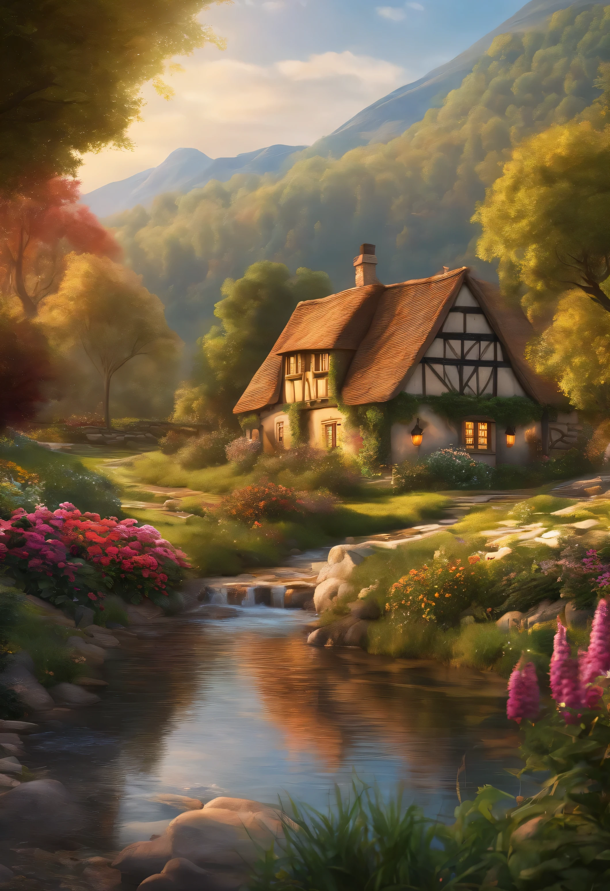 Illustration Ihres Namens, 8k picture quality, Beautiful landscape, Fluss, Blumenbeet, Medieval hut