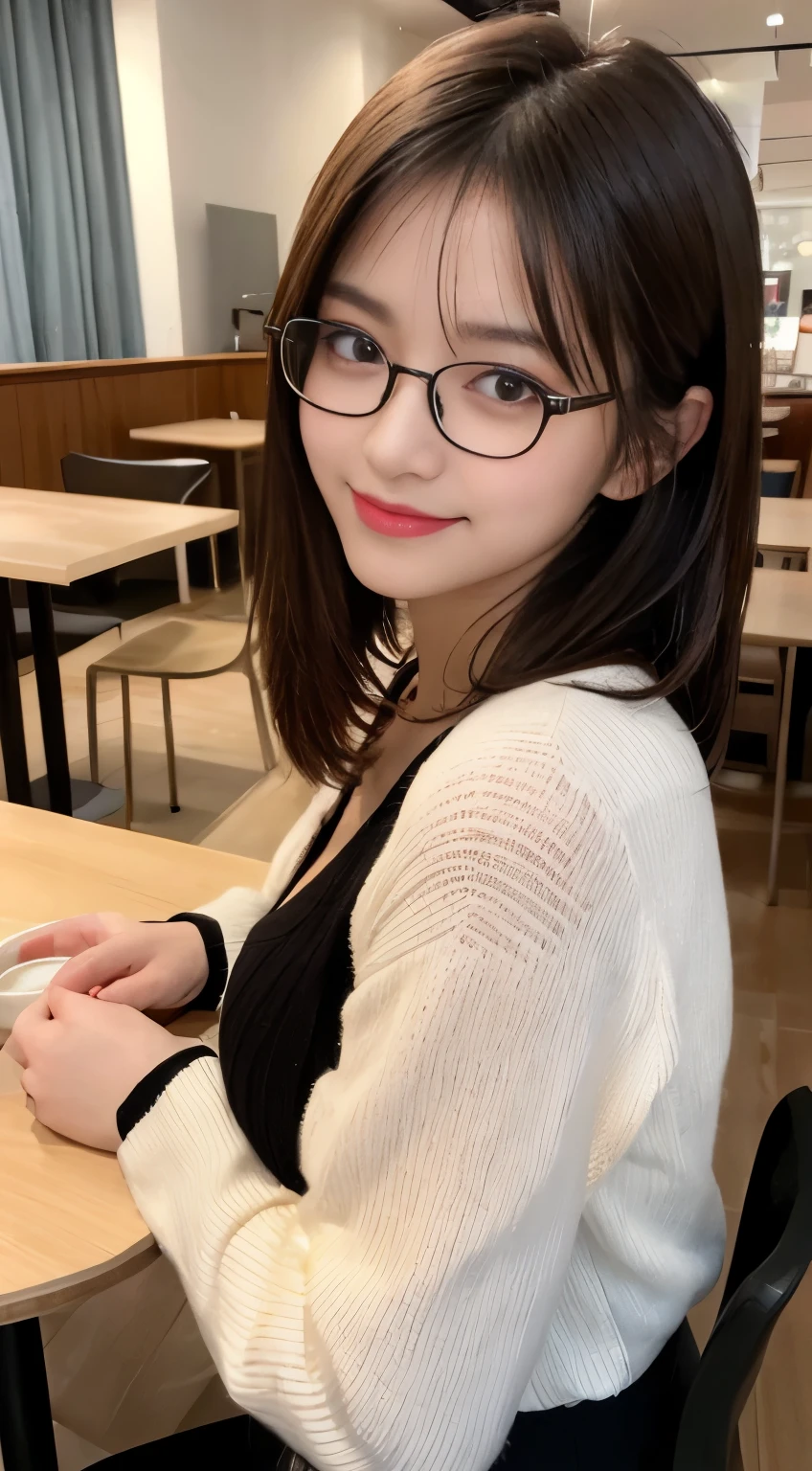High school girl cooling off on café terrace in fountain park with exemplary physique and big（nffsw）Long straight hair　Wearing a white sweaty short-sleeved shirt with unbuttoned cleavage in front of her is、There is a white table mixed with cold cola glasses and ice.. She looks at me and smiles happily.