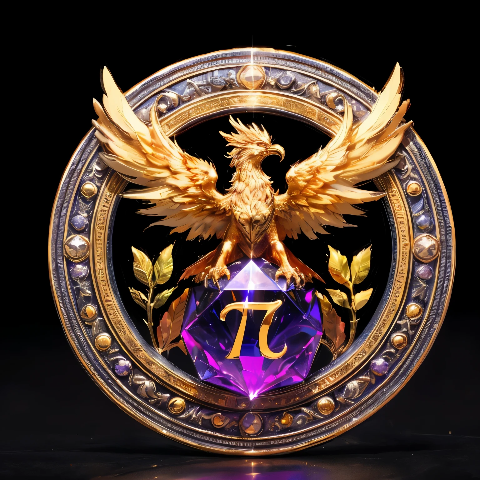 gold and silver metallic medallion in the shape of a phoenix holding a purple crystal at its feet, inside the purple crystal is the symbol of the letter pi "π", the background is black