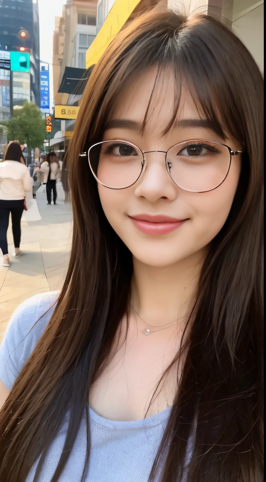 ((highest quality, 8K, masterpiece: 1.3)), 1 girl, smile, whole body, slim face, Beautiful woman, (dark brown hair), super detailed face, fine eyes, double eyelid, blurred background, slim face, city, outside, street, black tabby glasses