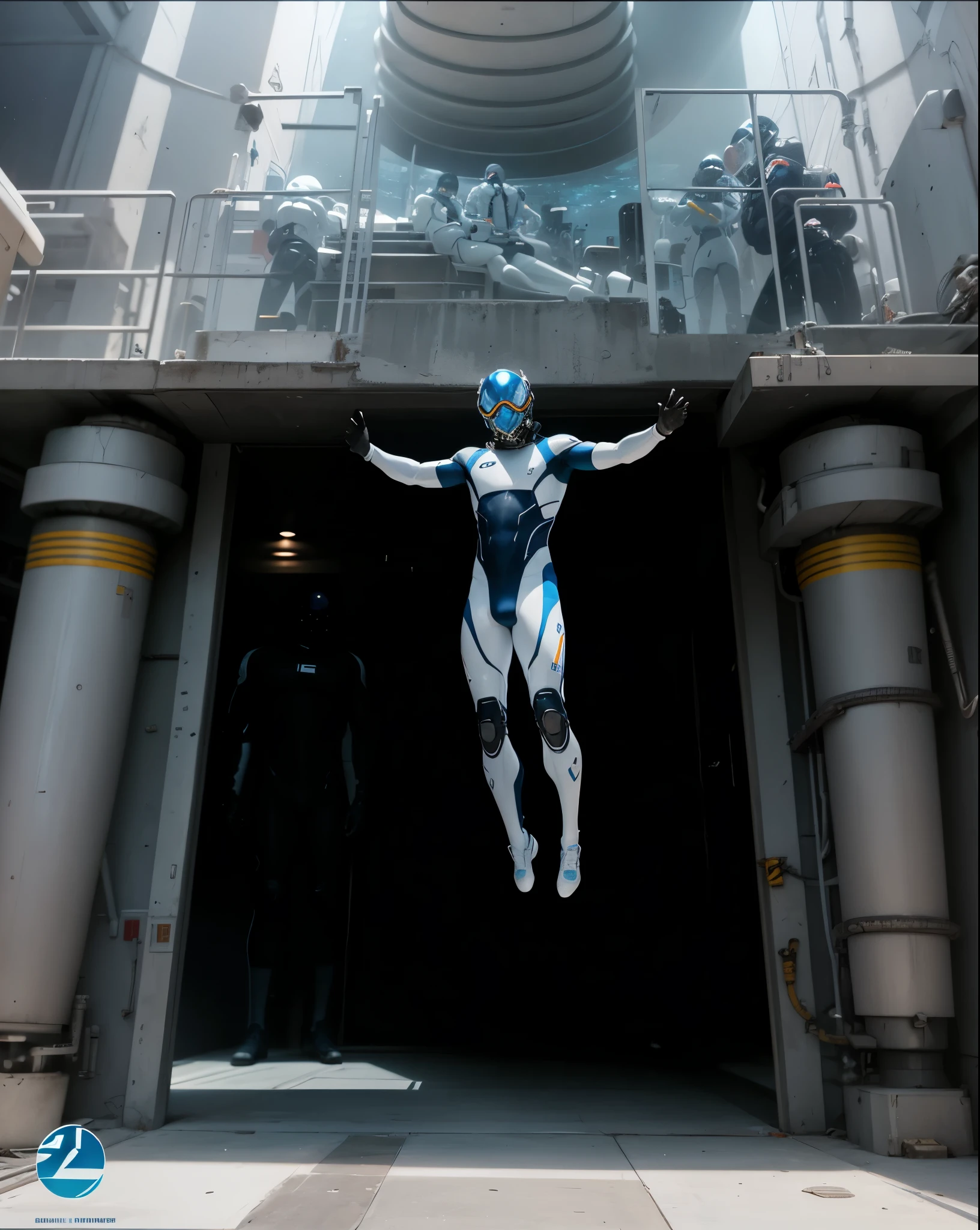 Dive, scuba, body suit, white and blue suit, futuristic suit, white gloves, skin tight bodysuit, toned male, teenager, young male, face mask, bodysuit, futuristic, sci fi, toned male,gas mask, hands in image, face covered, large bulge, nipples