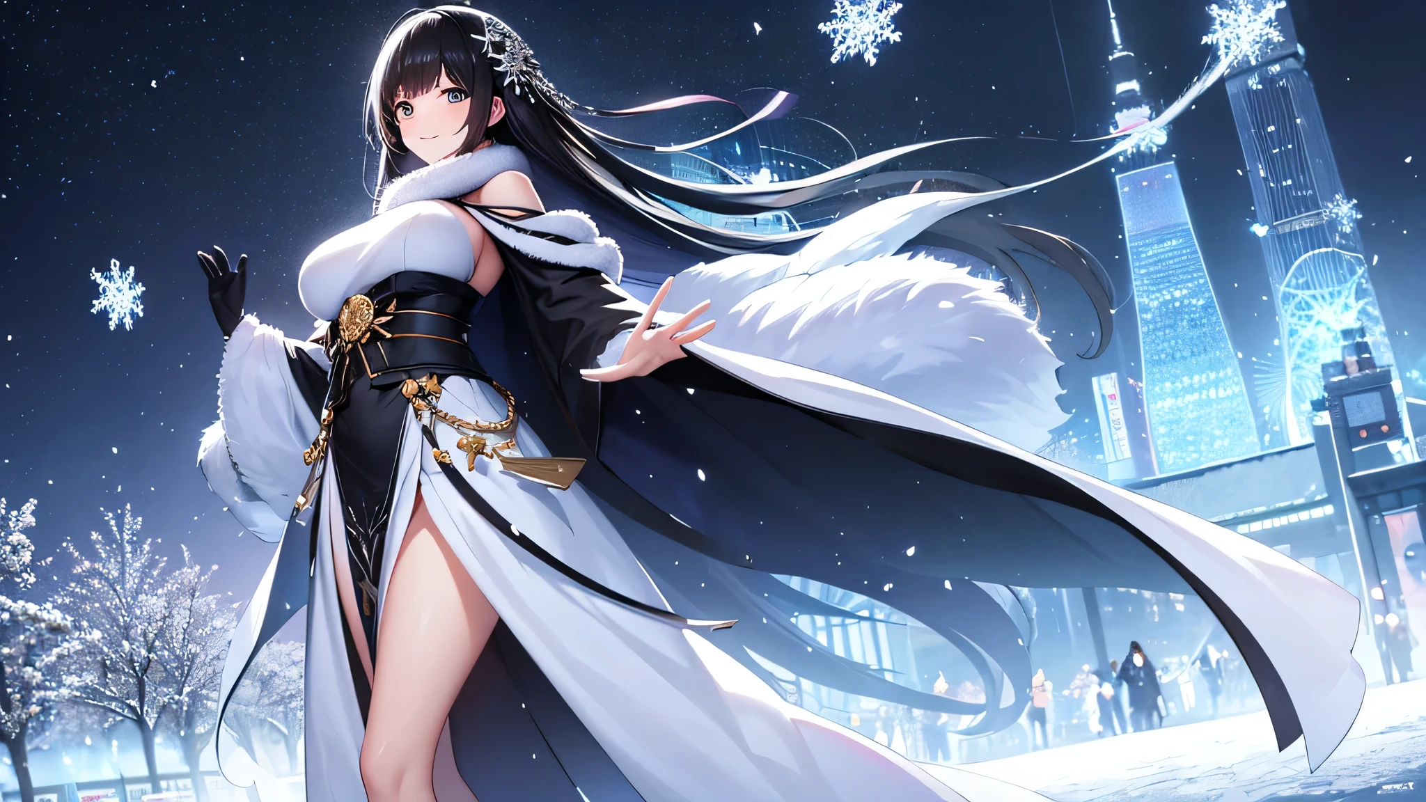 Create a widescreen image featuring a winter-themed anime girl. she has been for a long time, He has black hair and is decorated with star decorations.. in the background, Tokyo Tower can be clearly seen, Adding to the urban winter atmosphere. The scene is night, And she's wearing a star-patterned fur-trimmed cape, Illuminated by the soft light of the surrounding street lamps. she has a warm smile、I'm graciously extending my hand, Snowflakes fall gently around her, Enhance her magical and fantastic presence.