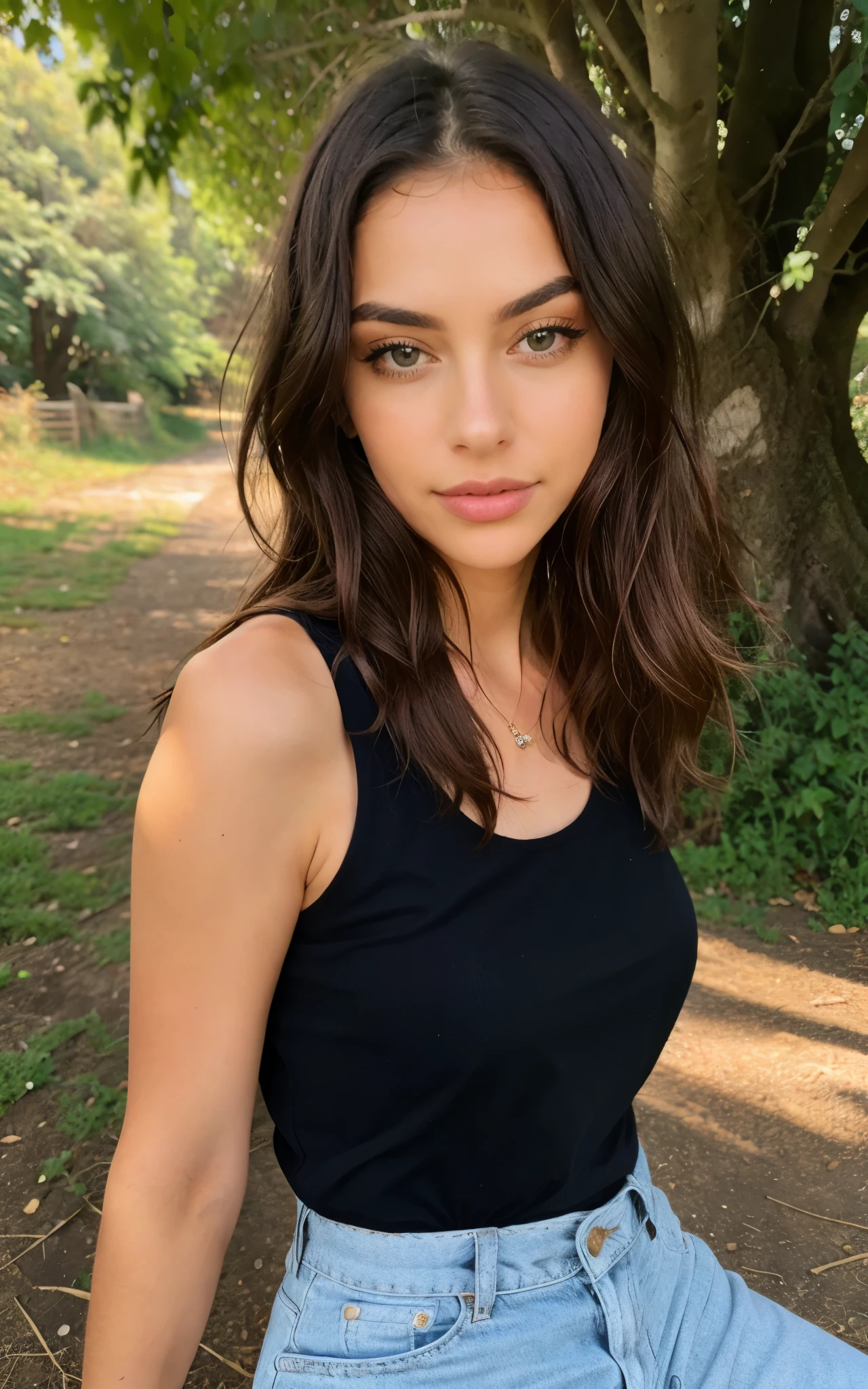 1 femme, Long Wavy Hair, dark brown eyes, nature, top, jupe courte, italie