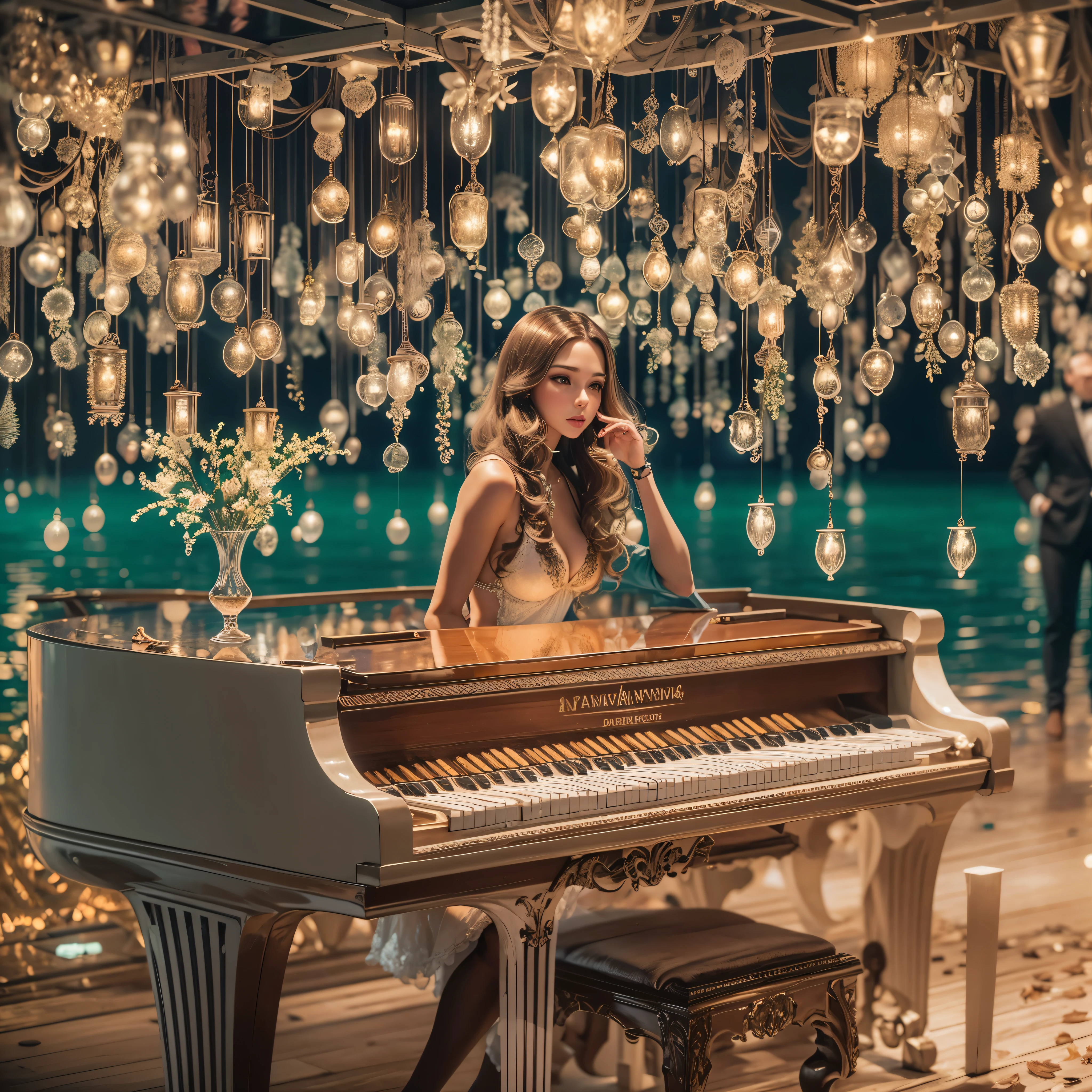 Lola Astanova, a renomada pianista, ((fechar na pianista)), faz show para milhares de pessoas em Porto Seguro, in Sancho Bay. The piano floats gracefully over the crystal clear waters of the sea, while the tables and stage are adorned with a profusion of champagne-colored roses, creating an atmosphere of elegance and romance. Lighting is a symphony of new technologies, enveloping the place in a magical and futuristic aura 