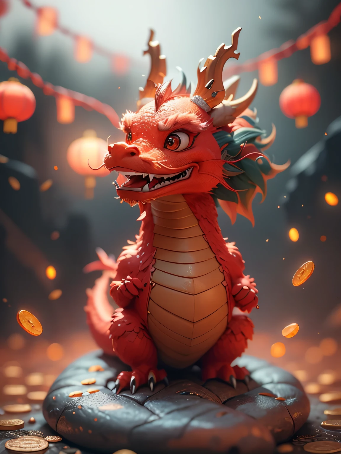 Q version，Chinese dragon with smile，petite，Cute and cute，Modeled with clay，Festive red hue，Placed in a 3D scene in a minimalist environment。Bright light，Cooperate with c4d technology with a strong sense of science and technology，Make styling details exquisite，Resolution up to 8K，Show super high quality。This highly detailed work emphasizes the visual appreciation，Excellent expressiveness from the camera angle