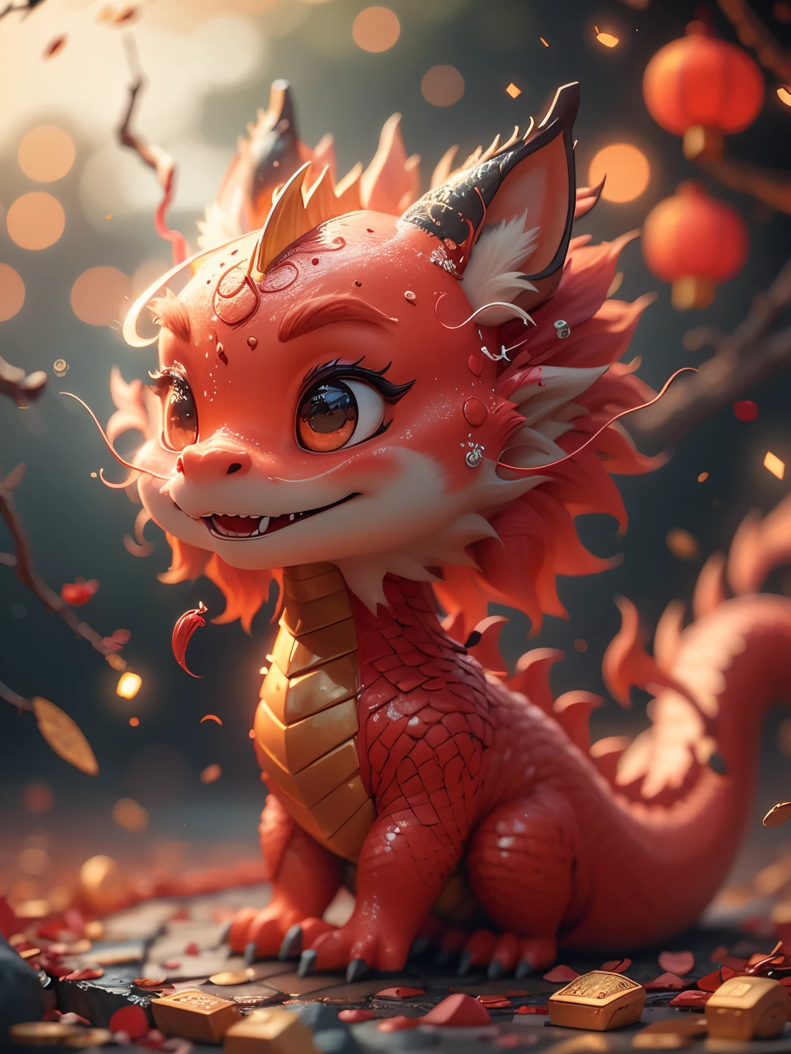 Q version，Chinese dragon with smile，petite，Cute and cute，Modeled with clay，Festive red hue，Placed in a 3D scene in a minimalist environment。Bright light，Cooperate with c4d technology with a strong sense of science and technology，Make styling details exquisite，Resolution up to 8K，Show super high quality。This highly detailed work emphasizes the visual appreciation，Excellent expressiveness from the camera angle