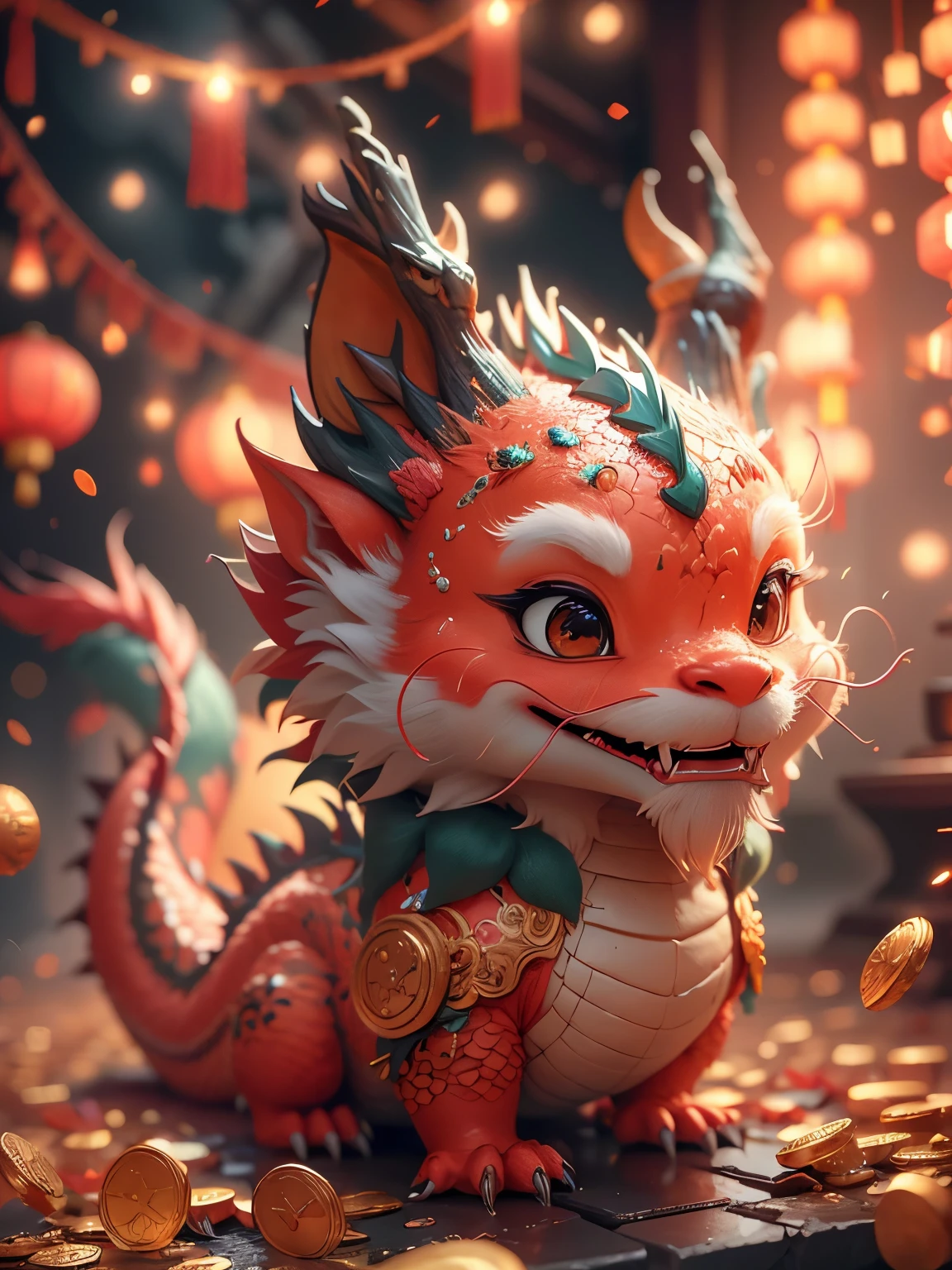 Q version，Chinese dragon with smile，petite，Cute and cute，Modeled with clay，Festive red hue，Placed in a 3D scene in a minimalist environment。Bright light，Cooperate with c4d technology with a strong sense of science and technology，Make styling details exquisite，Resolution up to 8K，Show super high quality。This highly detailed work emphasizes the visual appreciation，Excellent expressiveness from the camera angle