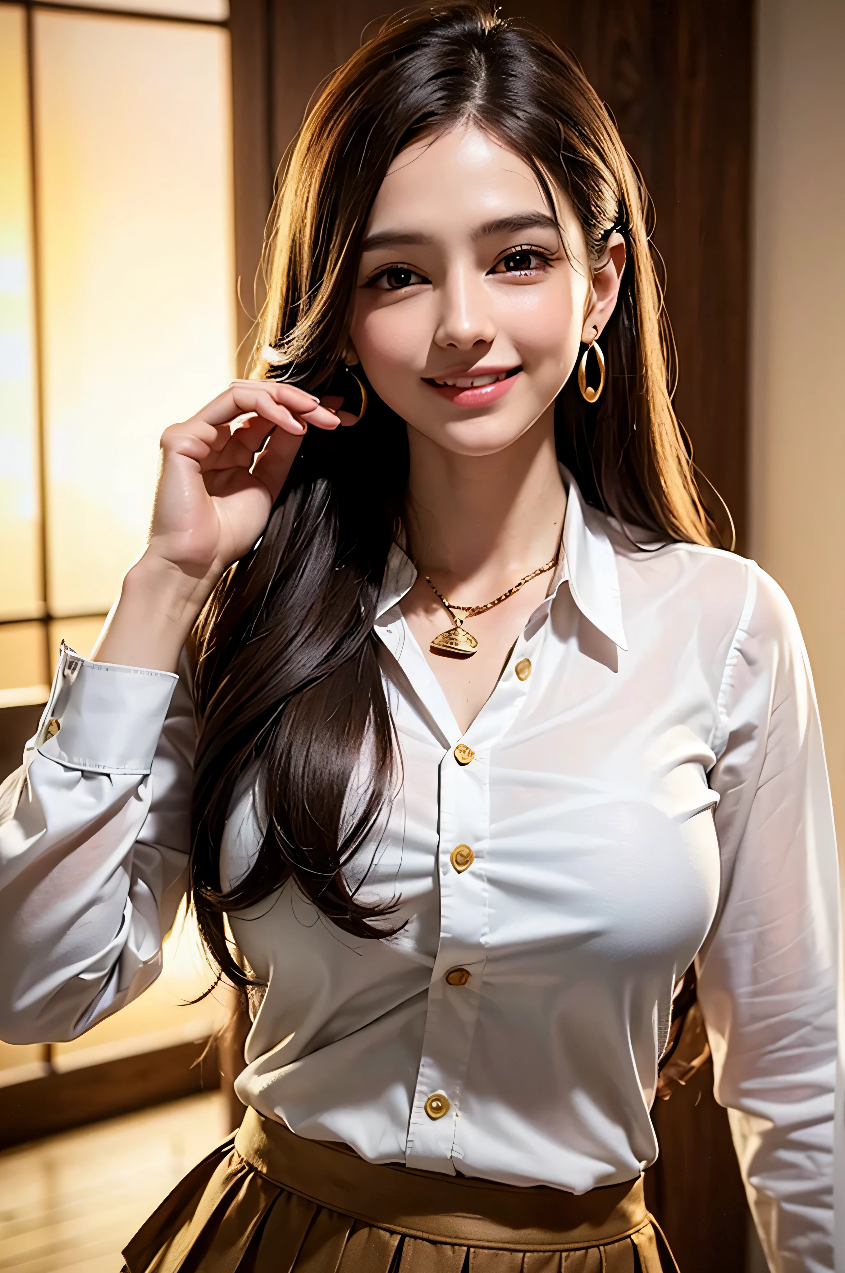 highest quality, masterpiece, 8K, ultra high resolution, (realistic: 1.4), 1 girl, beautiful face, symmetrical eyes, big, perfect body proportions, ((long hair))、((brown hair)), secretary、(luxury business suits)、The viewer's gaze, (president'office、blurred background), Front view, Absolute area (1.3),friendly smile、seems kind、cowboy shot,((shy smile:1.3)),((gold necklace_Large earrings:1.2)),((Long straight hair_Hair reaching down to the waist:1.3))、((White long sleeve button up blouse_with collar_Remove up to the second button_Brown pleated mini skirt:1.3))((From an oblique angle above:1.5)),
