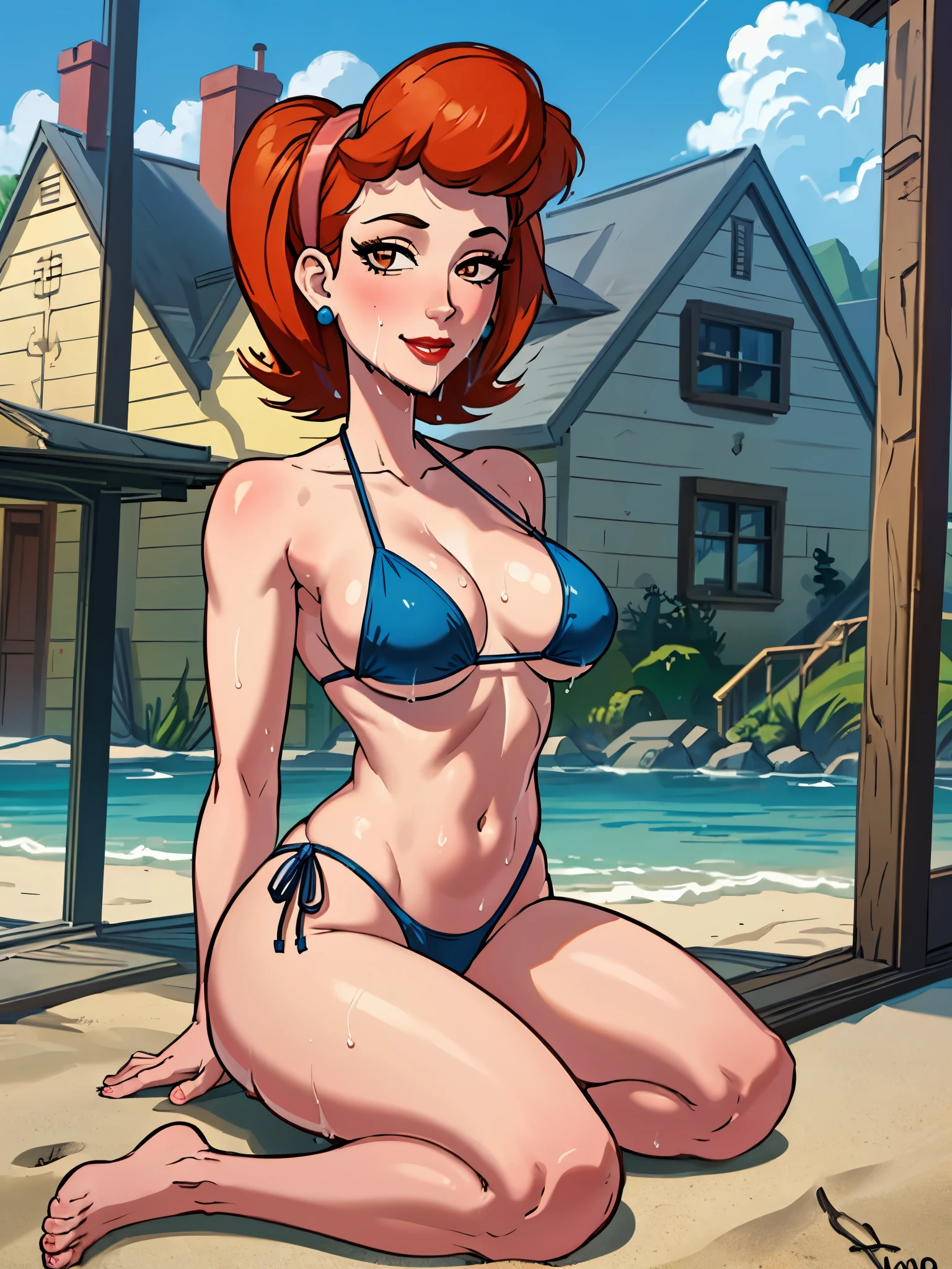 (masterpiece, best quality:1.2),  linda_flynn-fletcher, 1girl, jewelry, earrings, solo, lipstick, hairband, makeup, breasts, large breasts, orange hair, short hair, crossed legs,  smile,showing her chest , outdoors, beach, day, looking at viewer, wariza, sky, closed mouth, blue sky, umbrella, cloud, sand, seiza, beach umbrella,clivage ,((gstring bikini)),((wet skin))