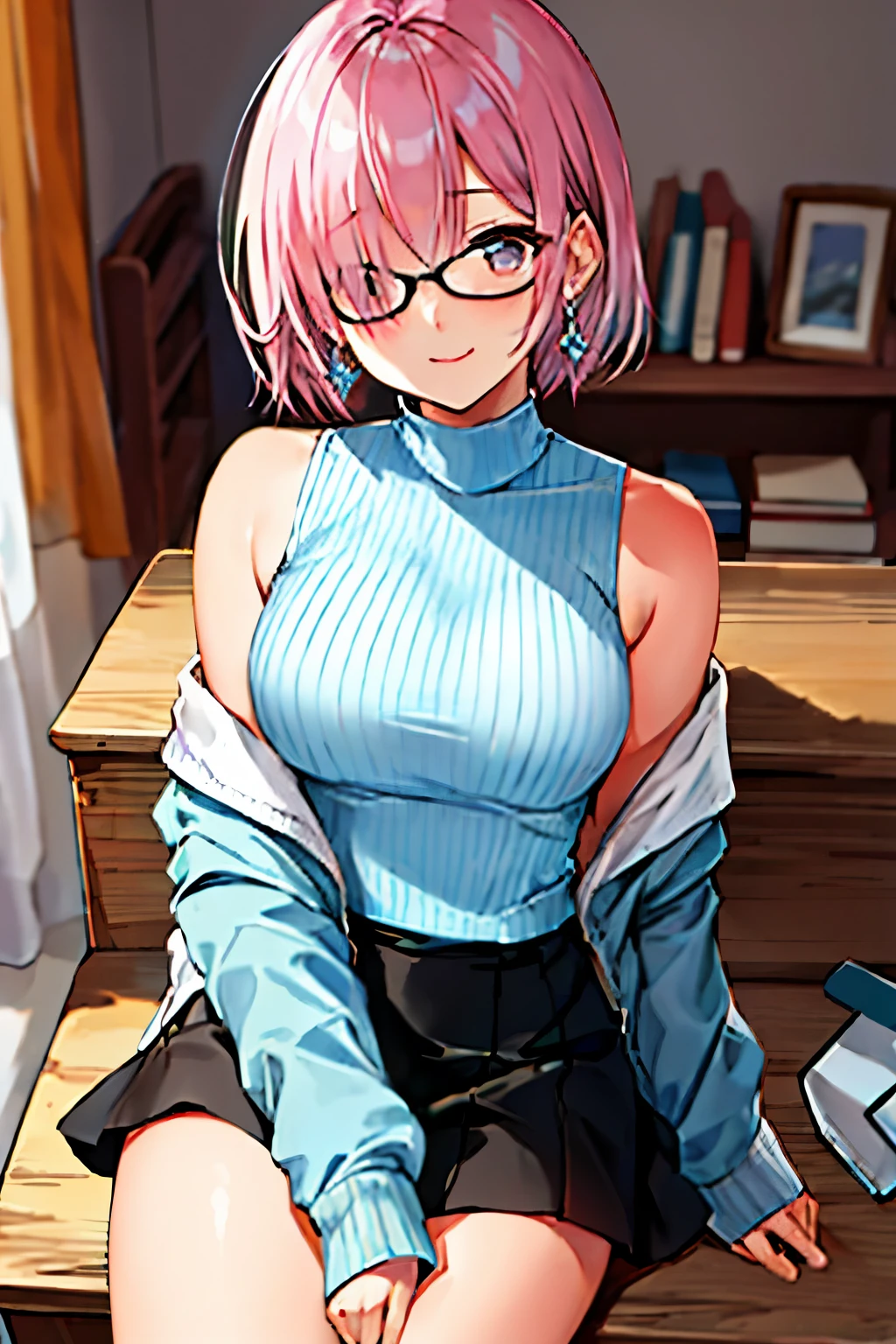 masterpiece, high quality, highres, Mash kyrielight,  indoors, cowboy shot, black skirt,  shirt, off shoulder, off-shoulder sweater, (light blue sweater:1.2), (:3:1.2), sleeveless shirt, high neck sleeveless shirt, black shirt, sweater, sweater sleeves past wrists, sitting, hoop earrings