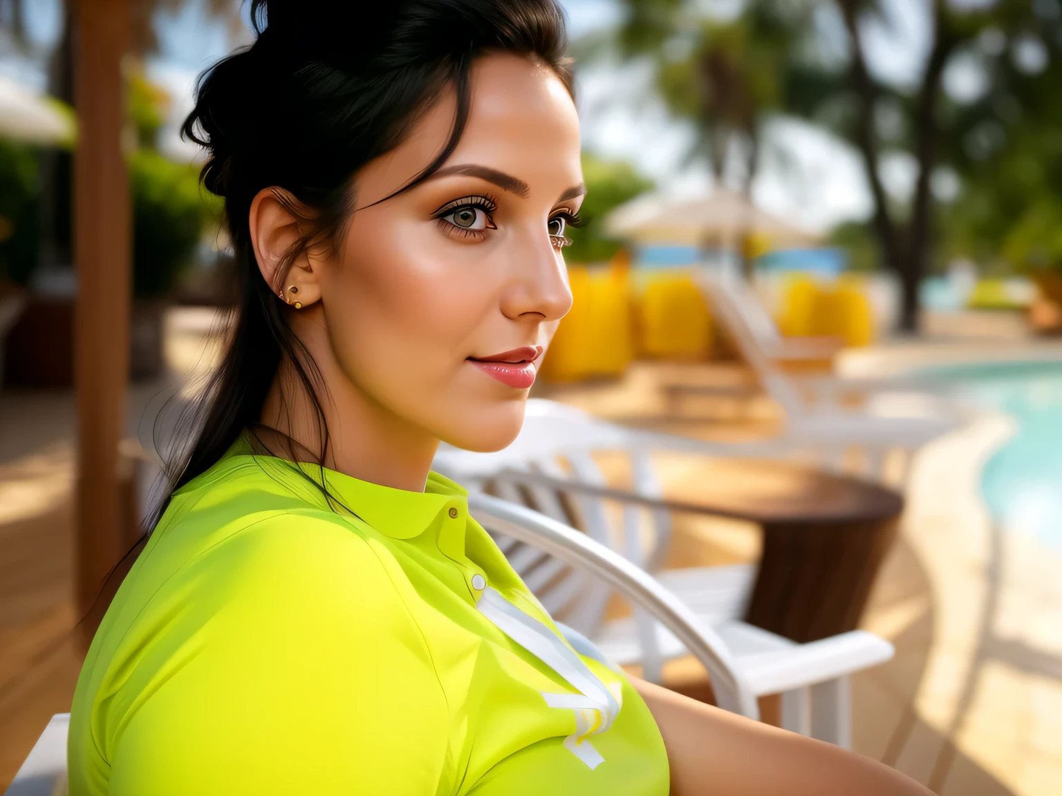 There is a woman sitting in a chair, foto de perfil, looking to the side of the camera, desviar o olhar do espectador, looking away from the camera, vacation photo, tiro no rosto, foto pov, foto tirada com Nikon D 3200, side foto de perfil, retrato de perfil, olhando de lado, tiro lateral, for the camera, 3/4 visualizar retrato. Mulher com pele branca e cabelos escuros. ela tem cerca de 35 anos. Corpo fino, cintura fina. Altamente realista, hiperrealismo, pele muito elaborada. foto de corpo inteiro, Limpar foto, alta qualidade, high resolution, obra de arte, 8k.