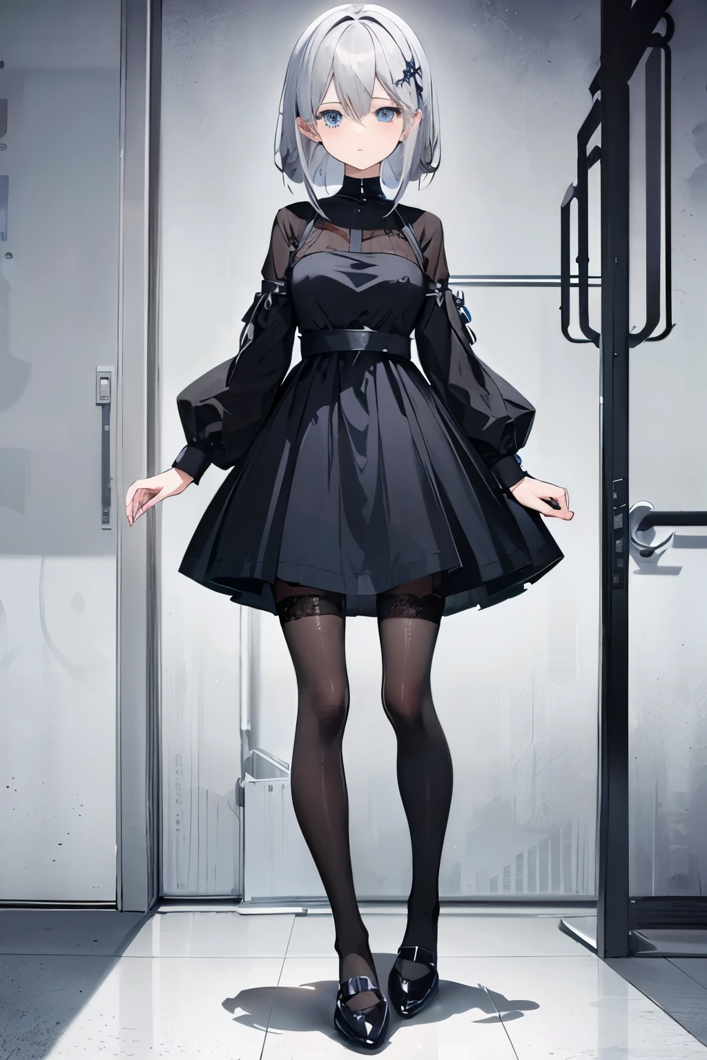 anime character cute girl, gray hair, comb your hair, blue eyes, wearing a black dress, black stockings, beauty, small breasts, front, Are standing, black shoes, full body --ar 4:7 --s 40