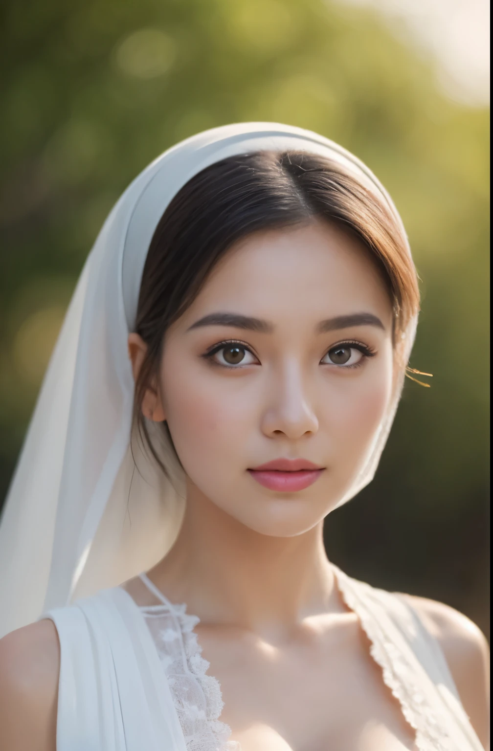 (Huge brested: 1.8), a young korean girl wearing a long silky dress, she wear hijab, showed massive breast, beautiful smile, look at camera,