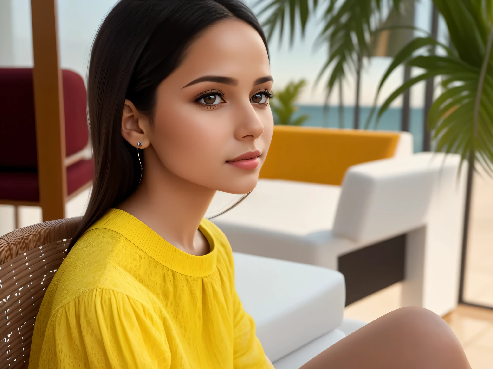 There is a woman sitting in a chair, foto de perfil, looking to the side of the camera, desviar o olhar do espectador, looking away from the camera, vacation photo, tiro no rosto, foto pov, foto tirada com Nikon D 3200, side foto de perfil, retrato de perfil, olhando de lado, tiro lateral, for the camera, 3/4 visualizar retrato. Mulher com pele branca e cabelos escuros. ela tem cerca de 35 anos. Corpo fino, cintura fina. Altamente realista, hiperrealismo, pele muito elaborada. foto de corpo inteiro, Limpar foto, alta qualidade, high resolution, obra de arte, 8k.