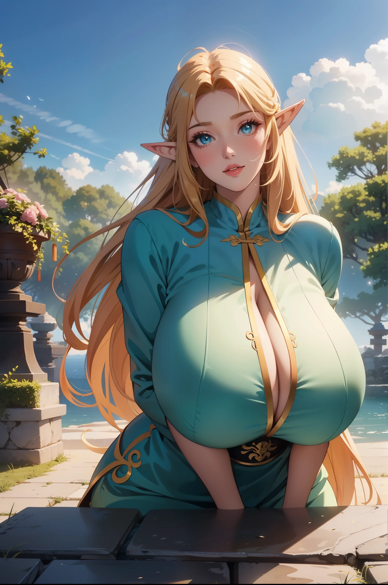 extreme quality, cg, (detailed eyes,and face), (bright colors), (anime), 1woman, (Milf:1.2), impact, (Voluptuous:1.4), goddess, time stop, fantasy, (Elf), (gigantic breasts:1.8), pointed ears, beautiful jewels, clouds, long curly blonde hair, (deep cleavage), masterpiece, top tier, extravagant, 8k, unity wallpaper, unreal engine 5, ray tracing, 8k, cinematic, varied depth of field, octane render, elegant, tone mapping, hyper focus, parted lips, (arms behind back:1.2), dappled sunlight, (spring), nature, (Chinese  dress), full body photo, (morning glow), Curvaceous,(mint green eyes), horizon, picturesque scenery, deep cleavage, trees, looking at viewer, (forest),