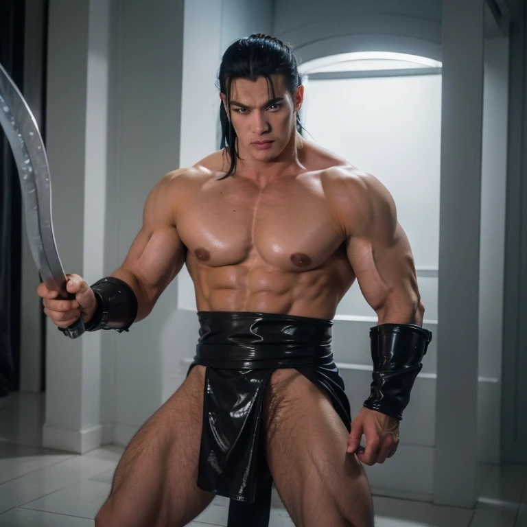   sub zero mortal Kombat, holding in his hands an ice sword,   ultra realista 8k , full length shot. nsfw , sexy  , eroticism , show handsome  face  , latex , swollen nipples , puffy nipples , hips , thighs 