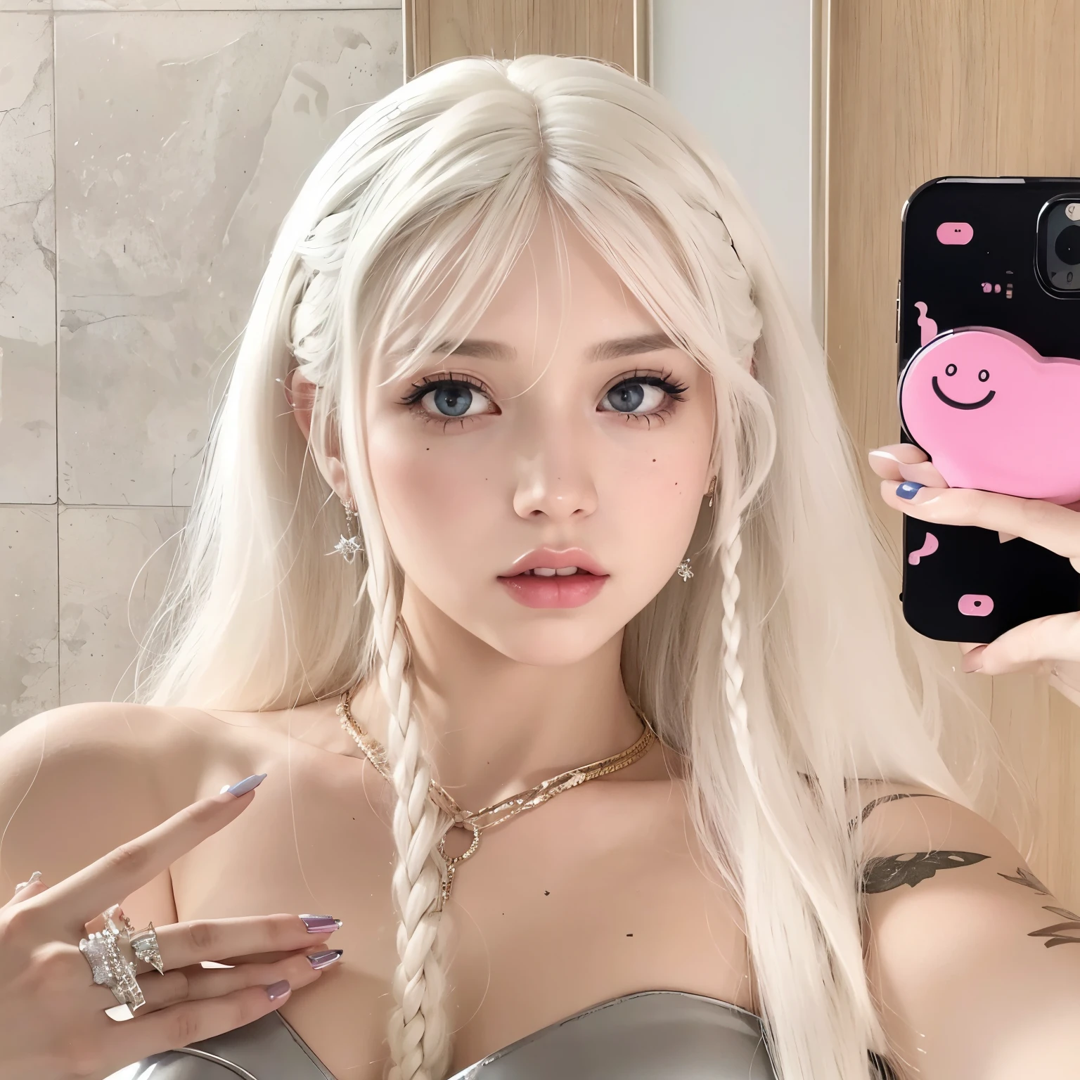 blond woman con pelo largo y blanco holding up a pink phone, chica perfecta de pelo blanco, chica con pelo blanco, ahegao, cara de ahegao, su cabello es blanco, con el pelo largo y blanco, ava max, pelo largo y blanco y flequillo, con pelo largo y blanco, tifa lockhart con el pelo blanco, Una chica tiene el pelo blanco, inspirado en anime, Cabello blanco flotando en el aire