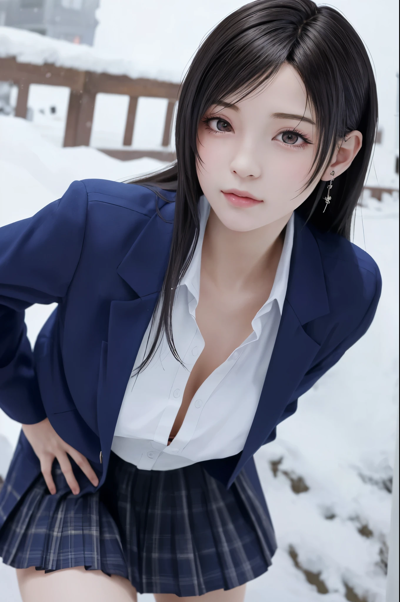 (top quality, masterpiece: 1.1,ultra detailed), (Realistic: 1.3), (photo Realistic: 1.3),wallpapers, BREAK from above:1.1,half closed eyes:1.1,(((FF7,Tifa_lockhart))),{{{Japanese JK uniform, Navy Blue blazer, school shirt, long-sleeved, Navy Blue Plaid Pleated mini-Skirt, Dark blue short socks, loafers}}}, {background big city,shibuya:1.1,hard snow:1.3,neon:1.2}, Cinematic lighting, city light at night,{gravure pose:1.3,nogizaka idol}, Ultra-detailed face, Detailed eyes, Red eyes, BREAK (((FF7,Tifa_lockhart))),(black brown hair, Large breasts: 1.0), BREAK , About 18 years old, kawaii, sensual, looking at viewer, Heavy snow  , In the snow, Snow falls,(face focus:1.5,face close up:1.5),(she wants a kiss:1.2),(she blushes and looks at me), teary eyes:1.2