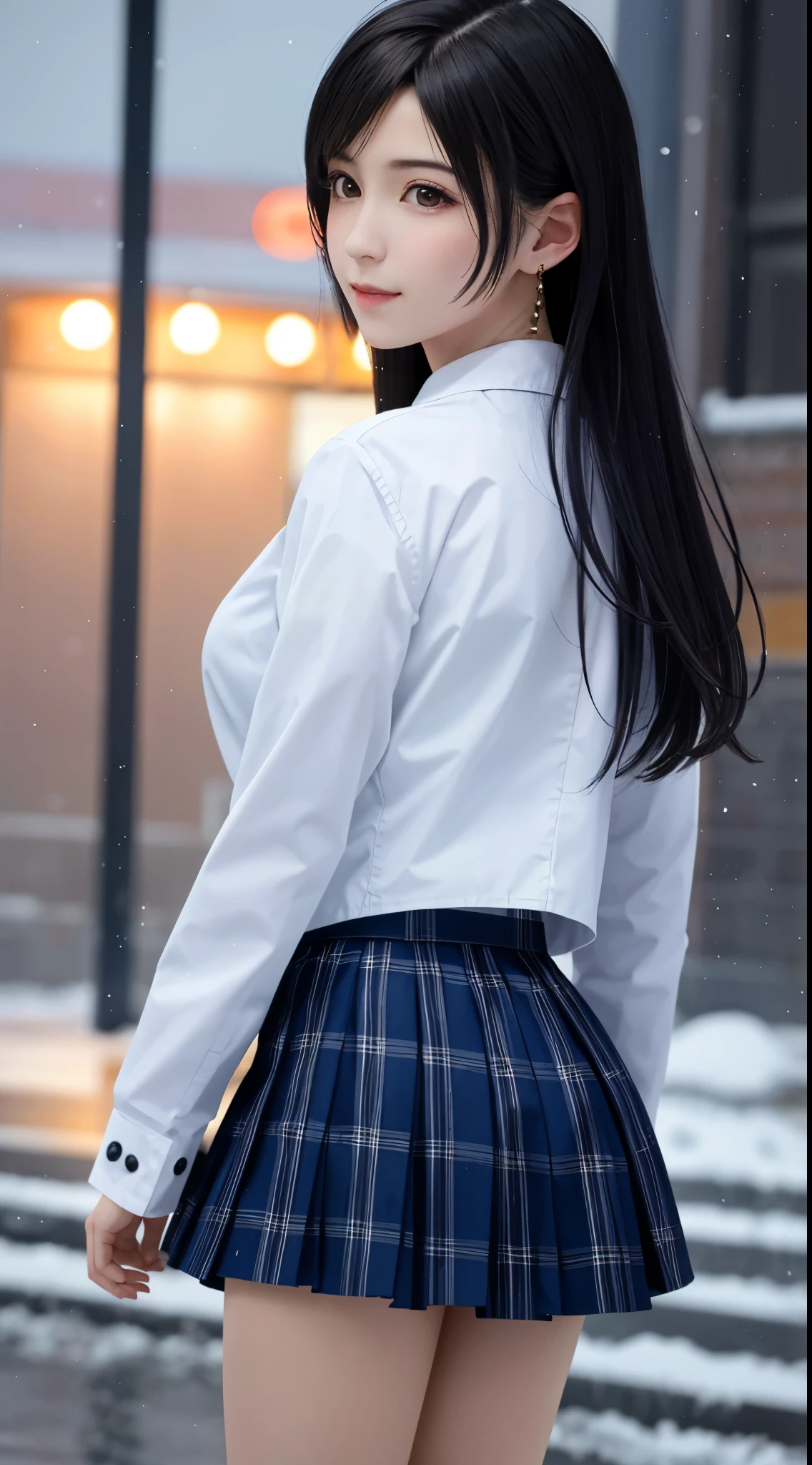 (top quality, masterpiece: 1.1), (Realistic: 1.3), (photo Realistic: 1.3),wallpapers, BREAK (((FF7,Tifa_lockhart))),(((Japan JK uniform, Navy Blue blazer, school shirt, long-sleeved, Navy Blue Plaid Pleated mini-Skirt, Dark blue short socks, loafers))),((Hair is inside the scarf)),(from behind:1.2,back hair),(background big city,shibuya:1.1,hard snow:1.3,neon:1.2),Cinematic lighting, city light at night,(gravure pose:1.3,nogizaka idol),Ultra-detailed face, Detailed eyes, Red eyes, BREAK (((FF7,Tifa_lockhart))),(black brown hair, Large breasts: 1.0), BREAK , About 18 years old, kawaii, sensual, looking at viewer, Beautiful legs, walking ,wet body:1.3,Heavy snow  , In the snow, Snow falls