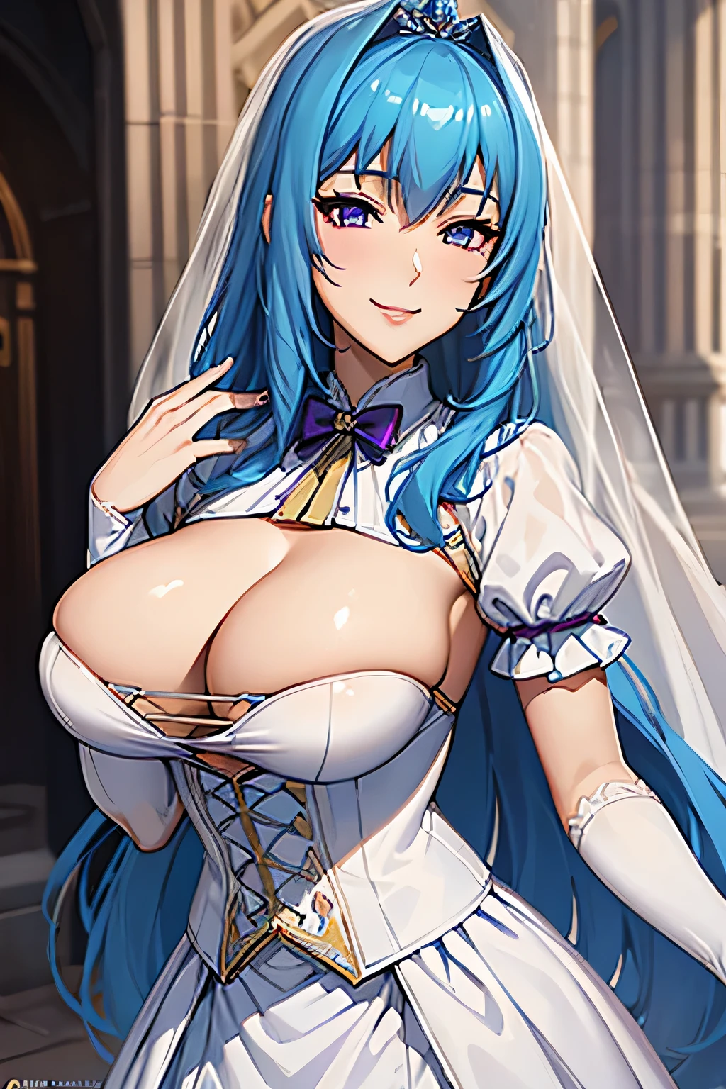 (highest quality:1.4), unreal engine,kiss face,white wedding dress,masterpiece, super resolution, very detailed, 1 female,big breasts, waist, thin, (muscular:0.8) blue hair,purple eyes , (cleavage,: 0.8) round chest, big breasts, (smile:1.1),in the bedroom